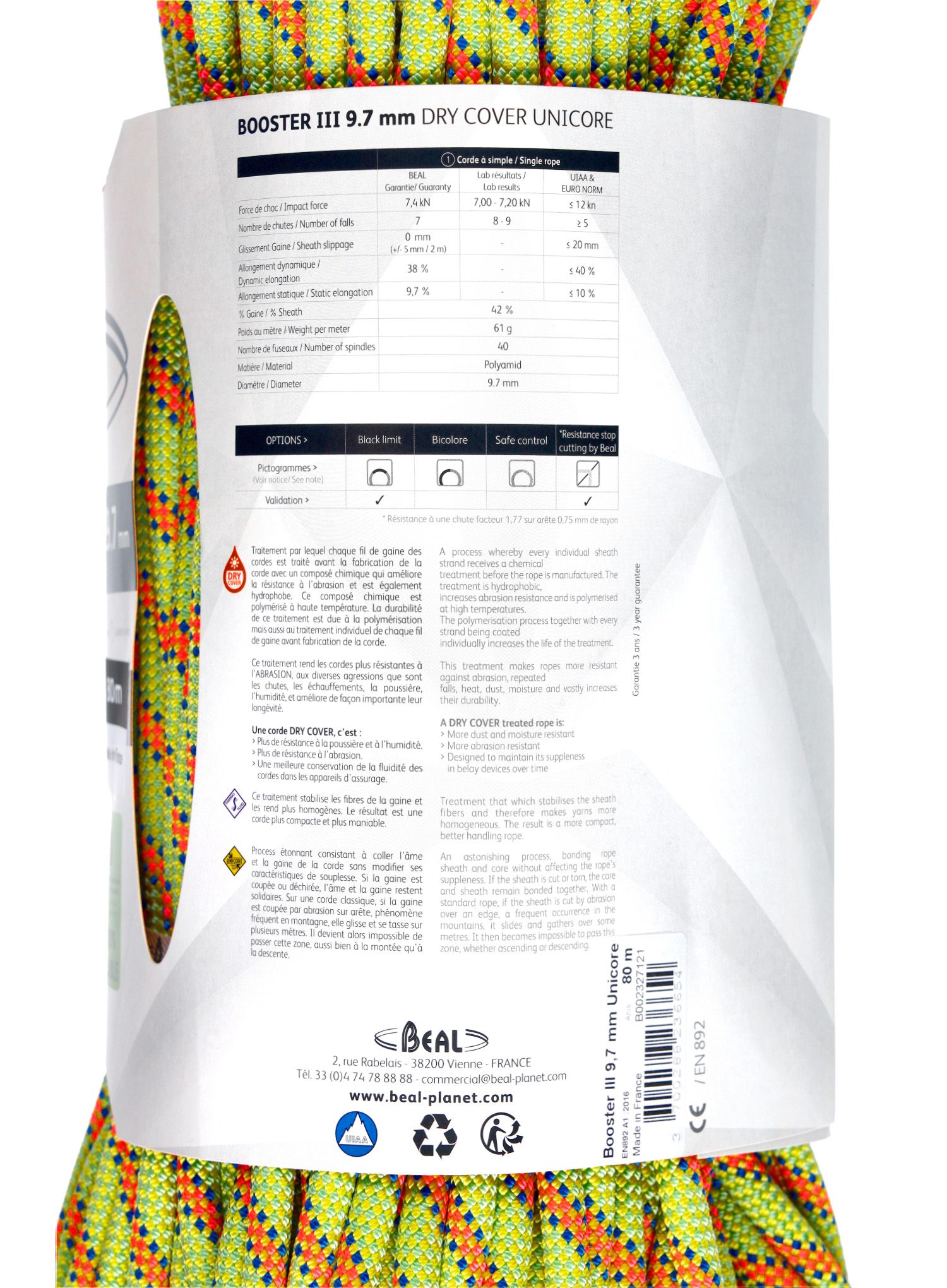 Dinamična vrv Beal Booster III 9,7 mm 80 m Unicore Dry Cover - anis