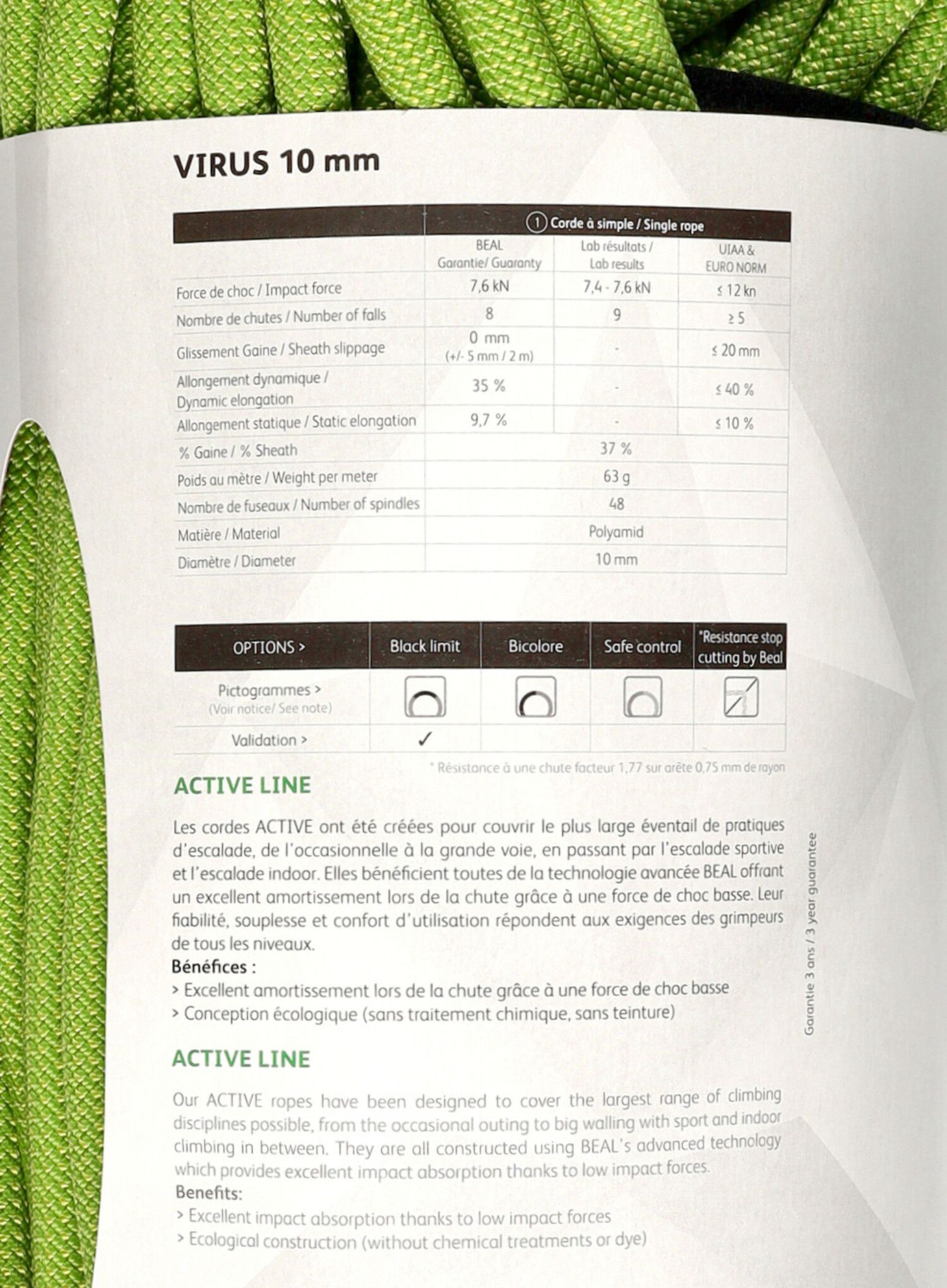 Plezalna vrv Beal Virus 10 mm 50 m - solid green