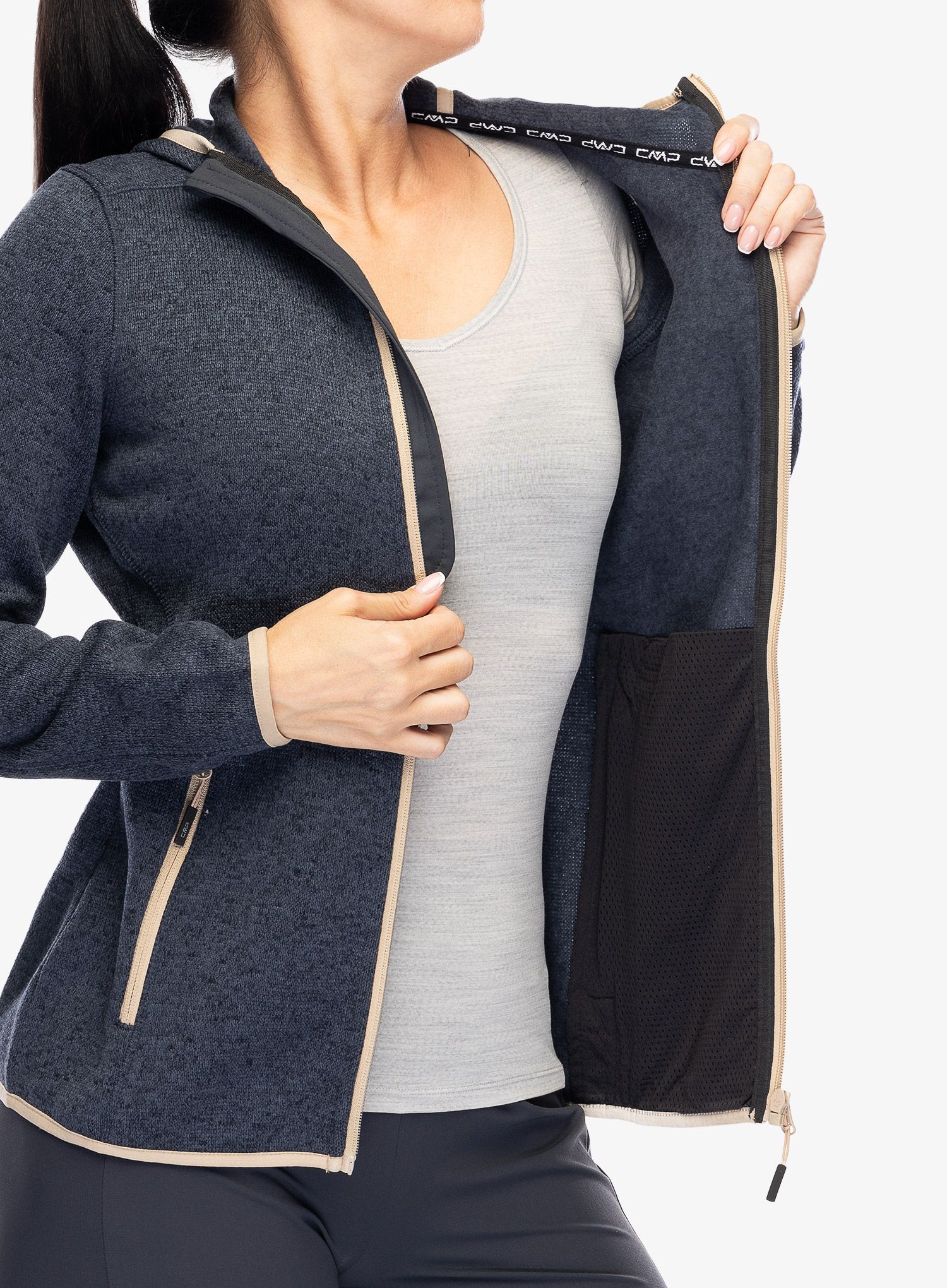 Ženski flis CMP Londra Fix Hood Jacket Knitted - titanio/sesamo