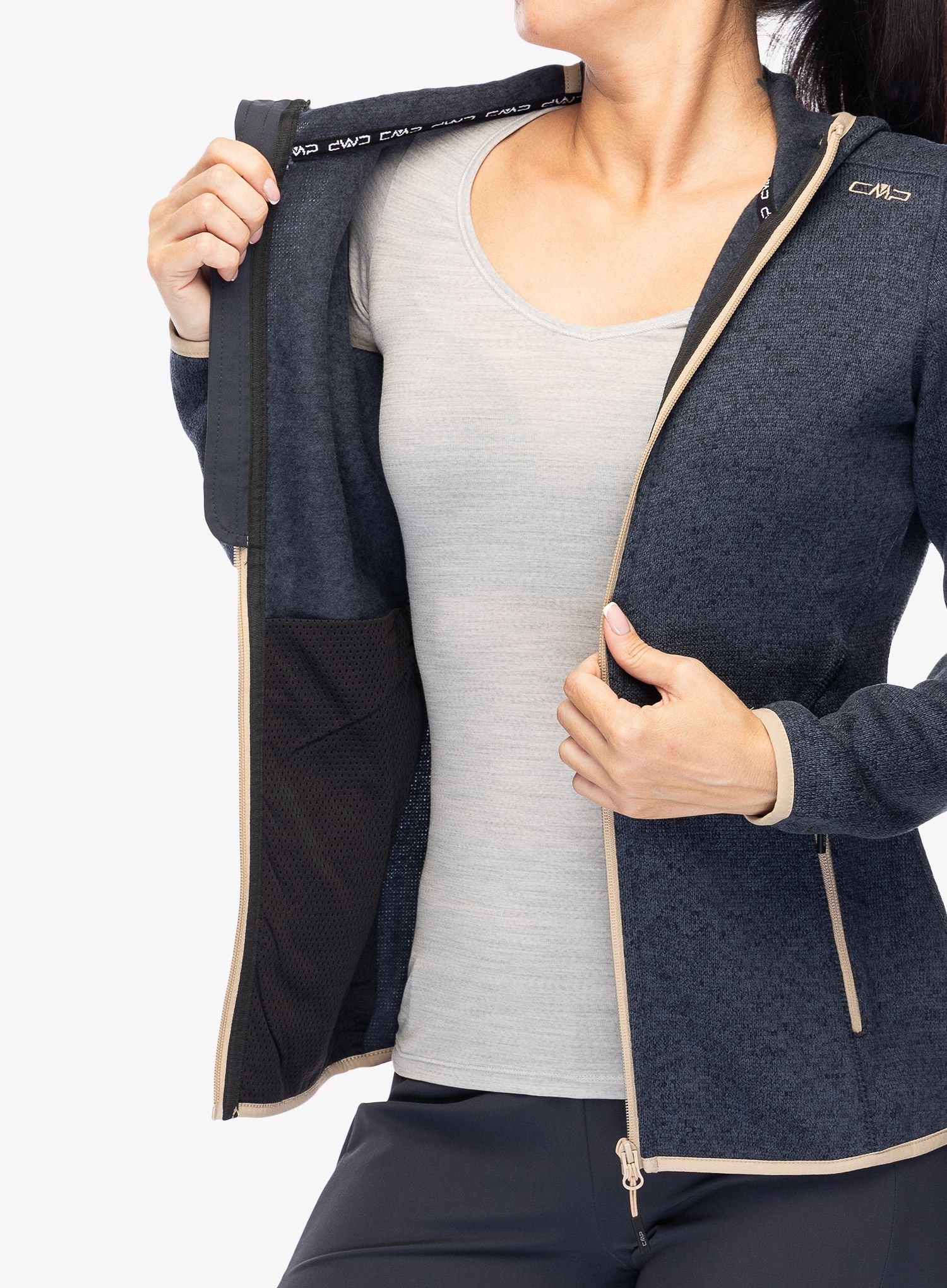 Ženski flis CMP Londra Fix Hood Jacket Knitted - titanio/sesamo