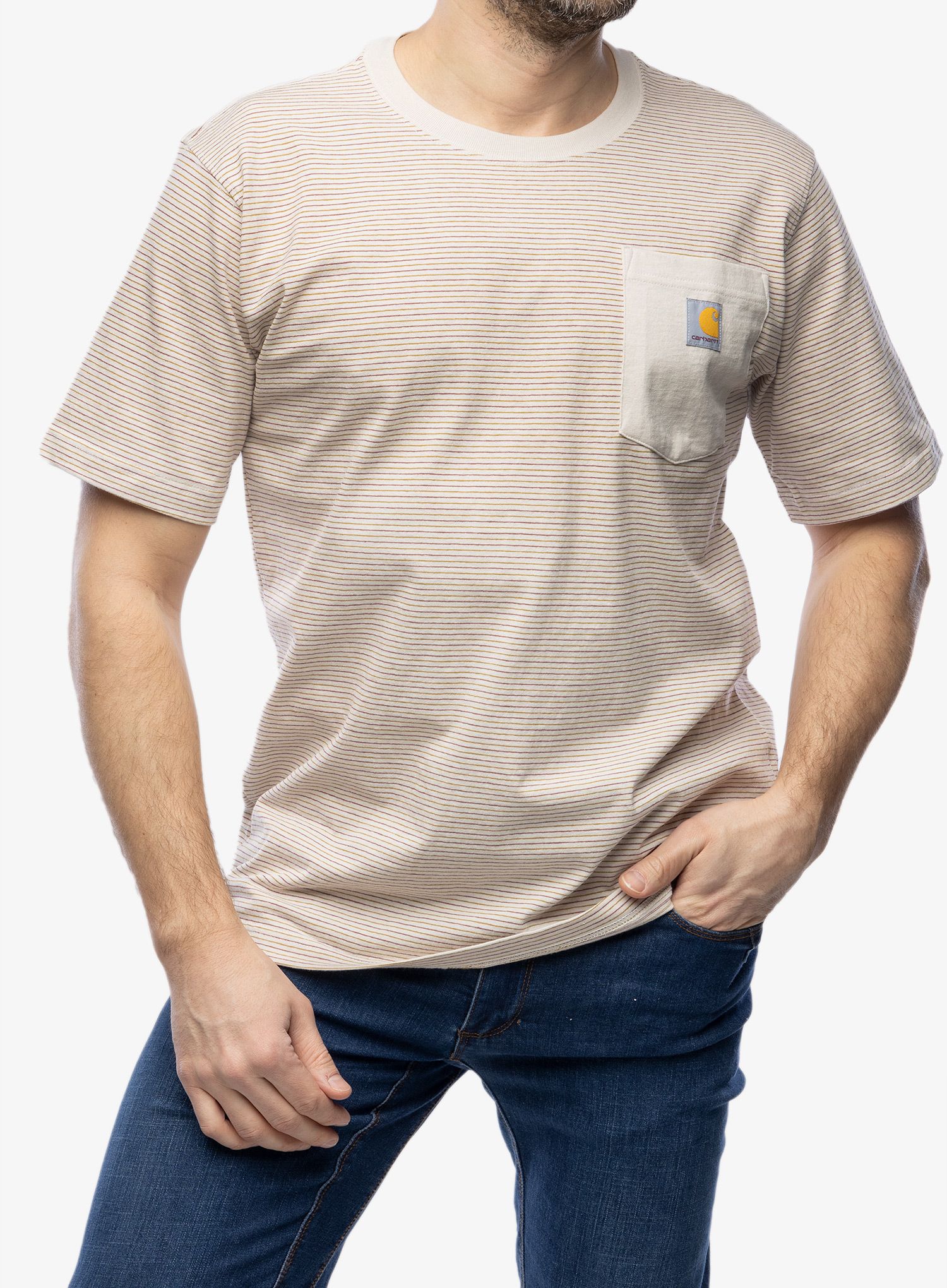 Bombažna majica Cartartt Relaxed S/S Pocket Stripe T-Shirt - malt/butter stripe
