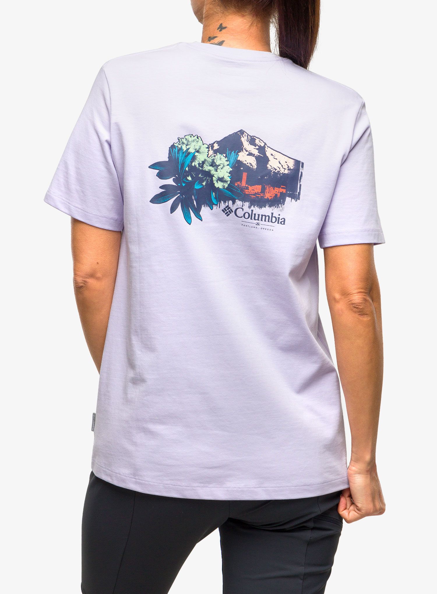 Ženska bombažna majica Columbia Boundless Beauty SS Tee - purple tint/rhodies PDX graph