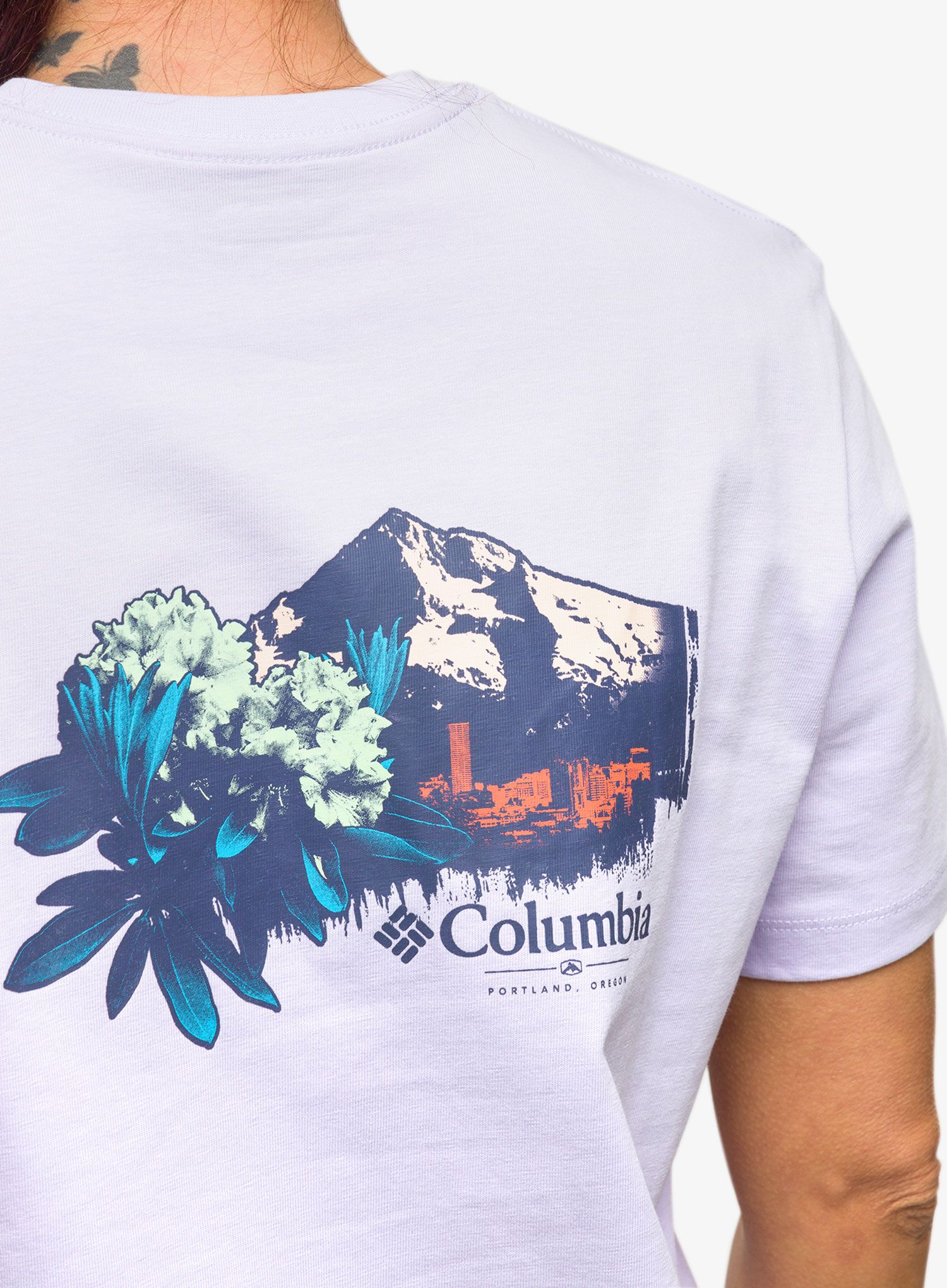 Ženska bombažna majica Columbia Boundless Beauty SS Tee - purple tint/rhodies PDX graph