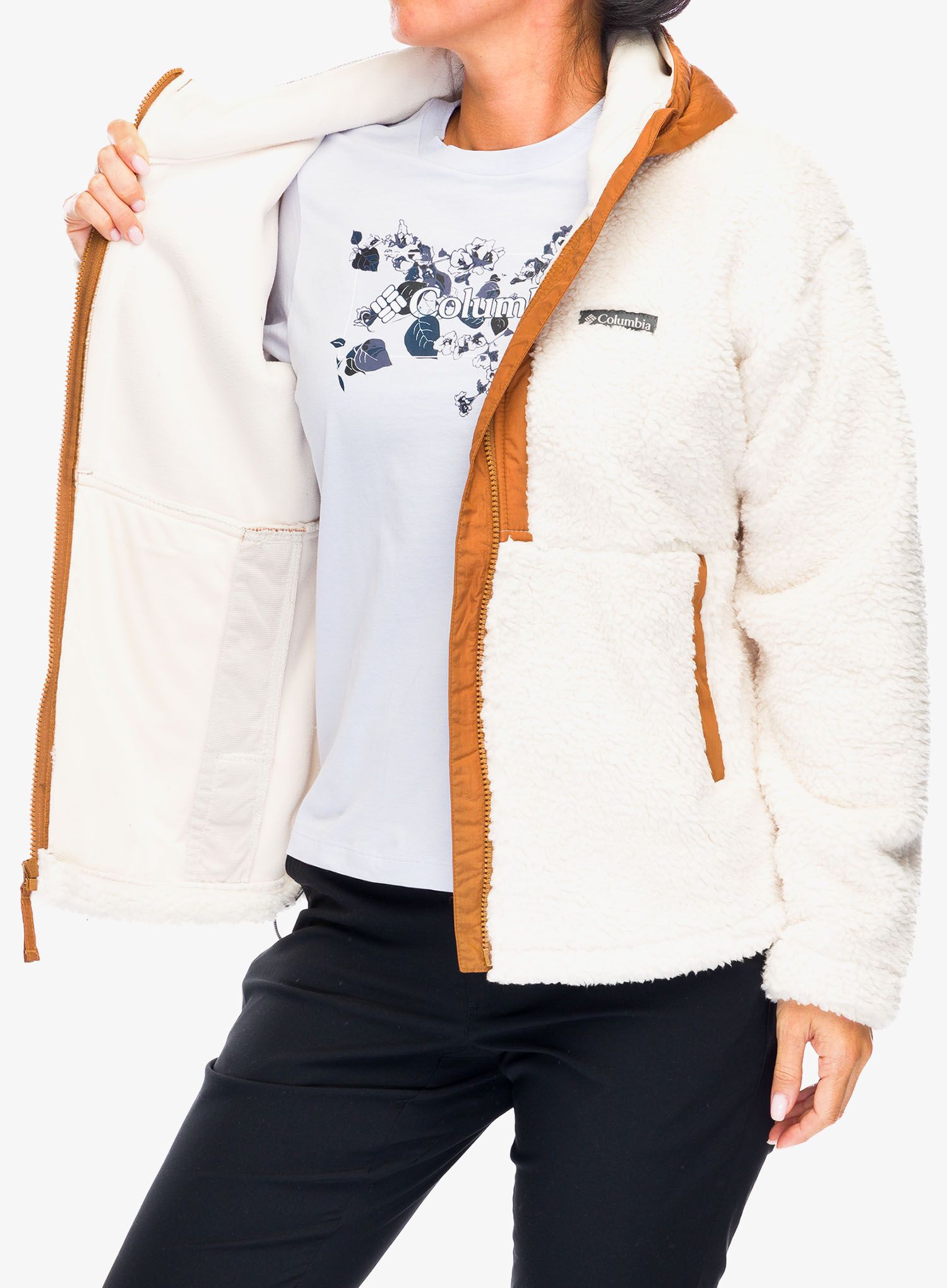 Ženski flis Columbia Boundless Discovery Hooded Sherpa - chalk/camel brown