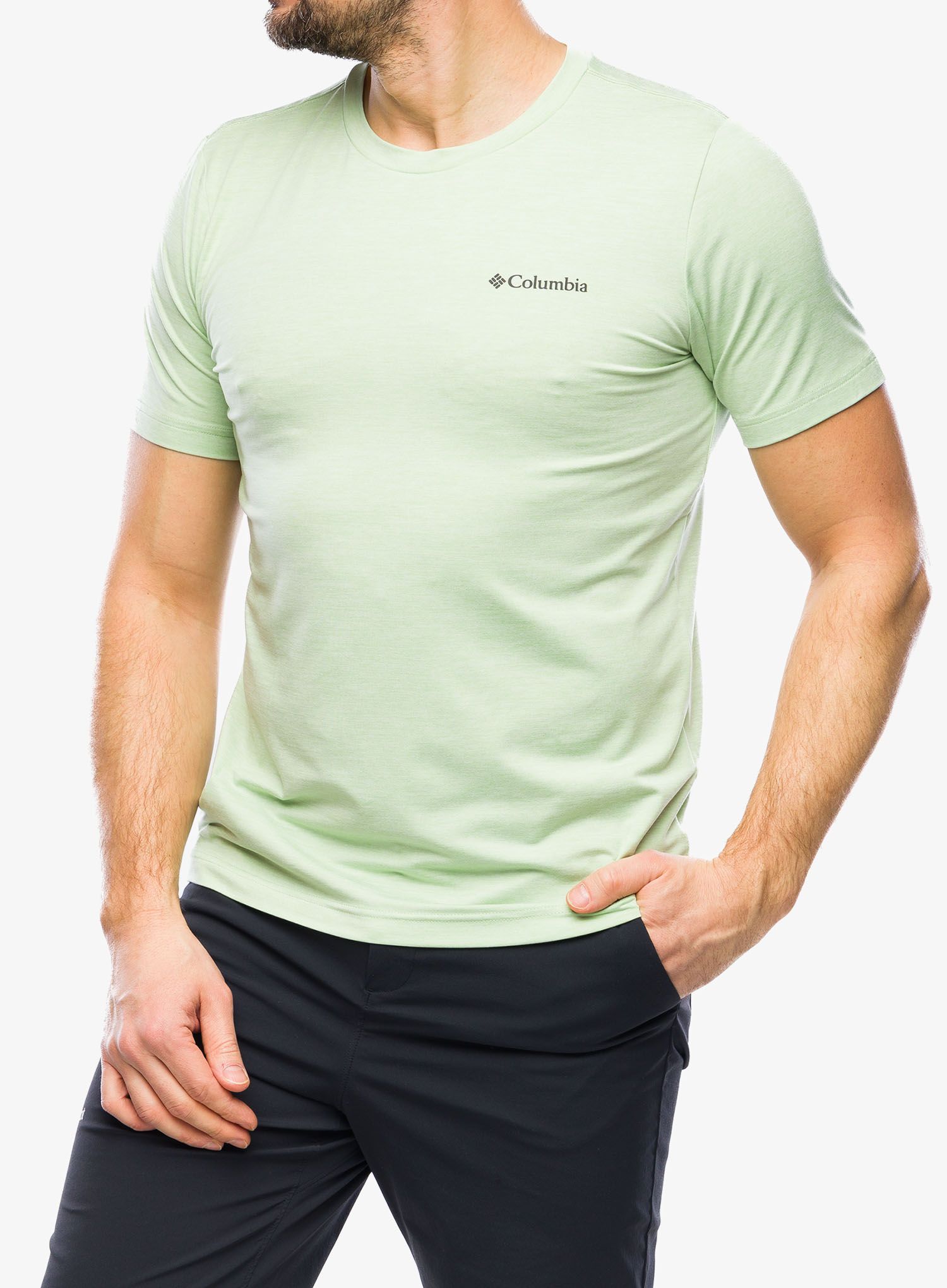 Športna majica Columbia Kwick Hike Back Graphic S/S Tee - sage leaf heather/moonscape