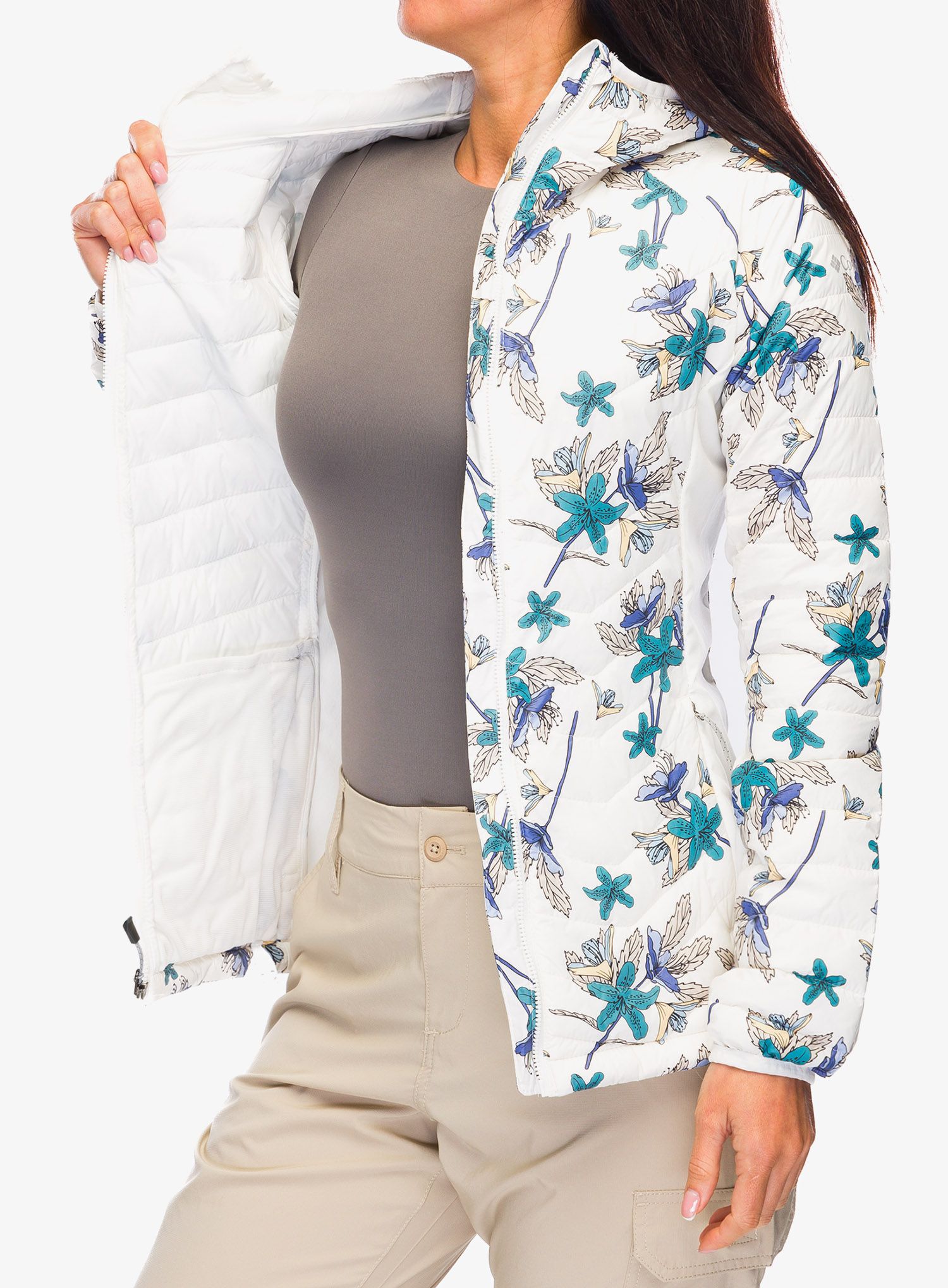 Ženska sintetična jakna Columbia Powder Pass Hooded Jacket - sea salt tiger lilies print