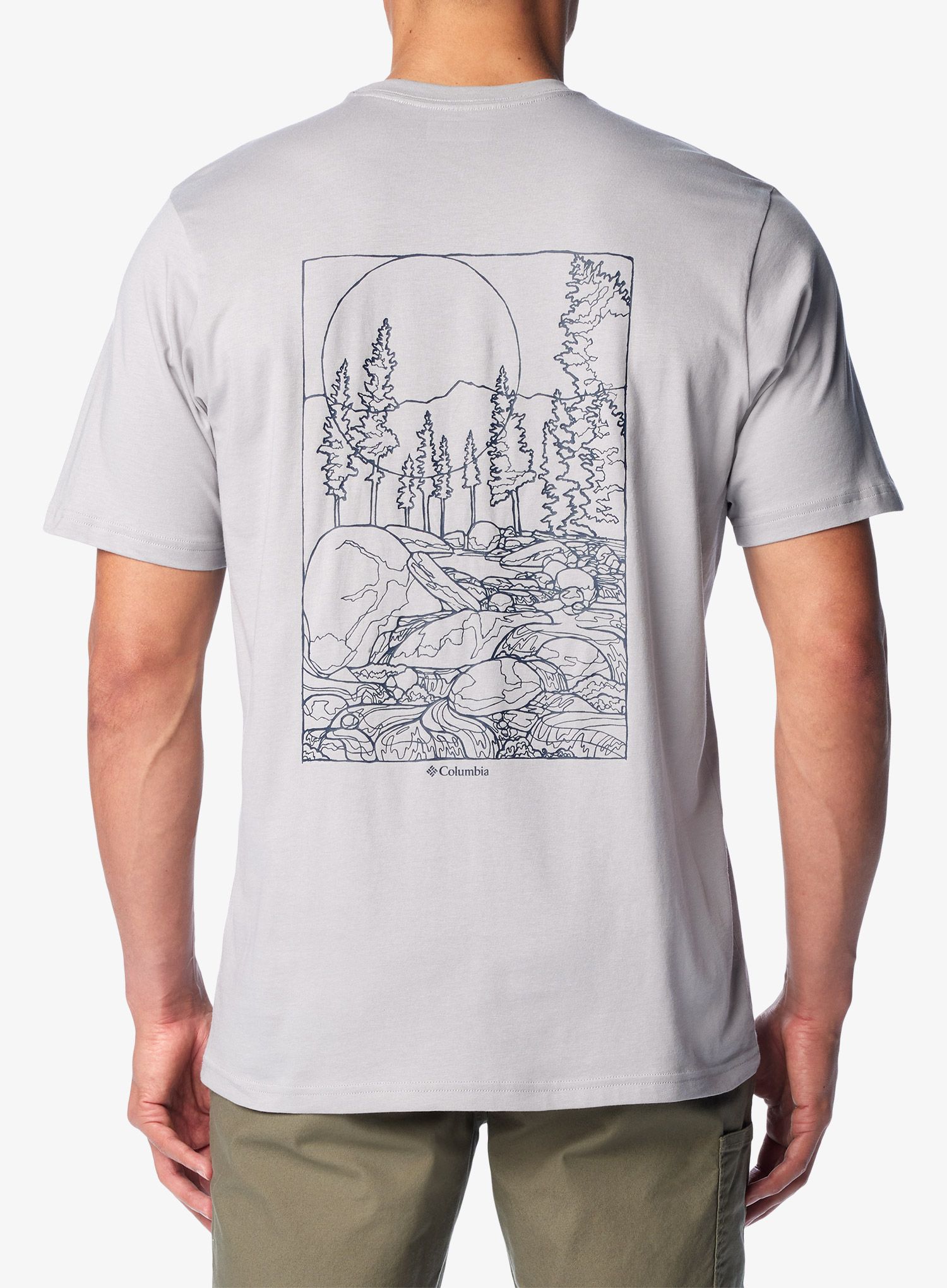 Bombažna majica moška Columbia Rockaway River Back Graphic S/S Tee - columbia grey hthr/rocky