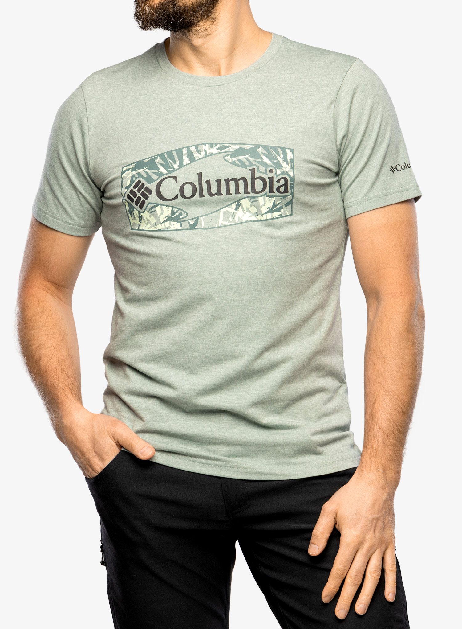 Majica s potiskom Columbia Sun Trek S/S Graphic Tee - niagara htr/palmed hex graphic
