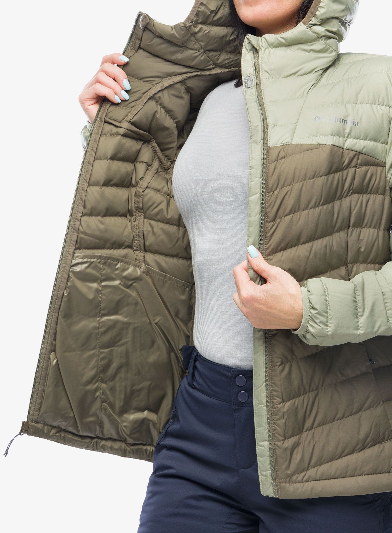 Ženska puhovka Columbia Westridge Hooded Down Jacket - safari/stone green