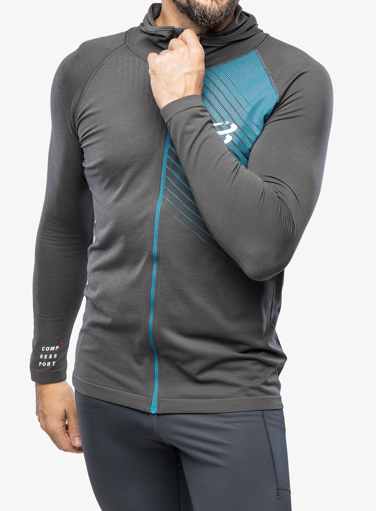 Jopica s kapuco Compressport 3D Thermo Seamless Hoodie Zip - black/magnet mosaic blue