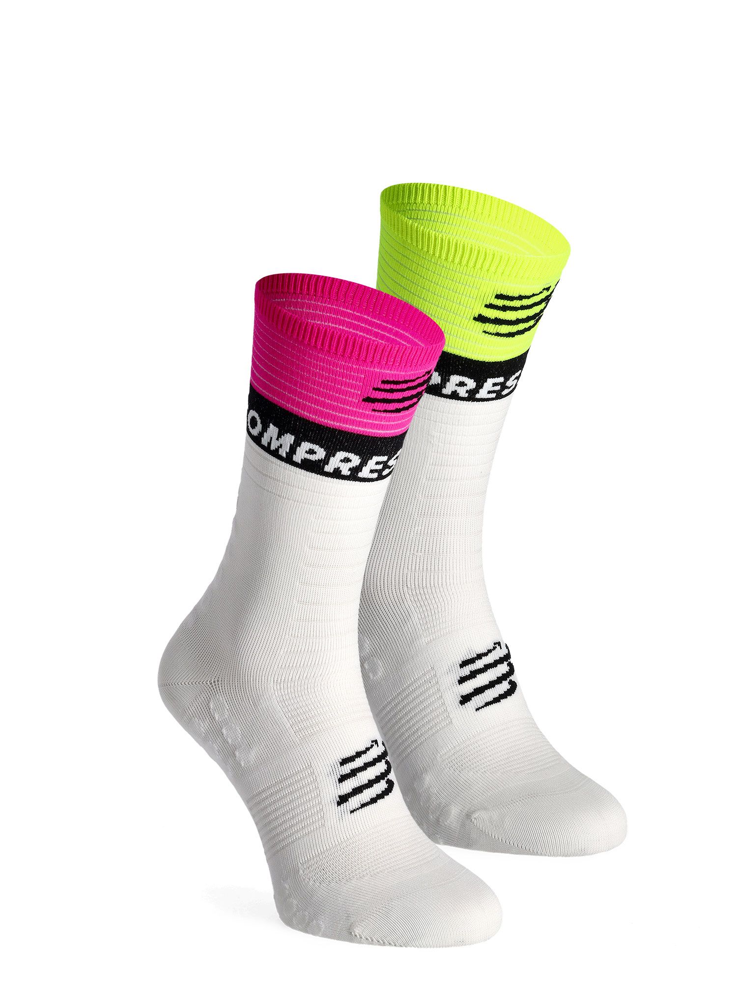 Tekaške nogavice Compressport Mid Compression Socks V2.0 - white/yellow/neo pink
