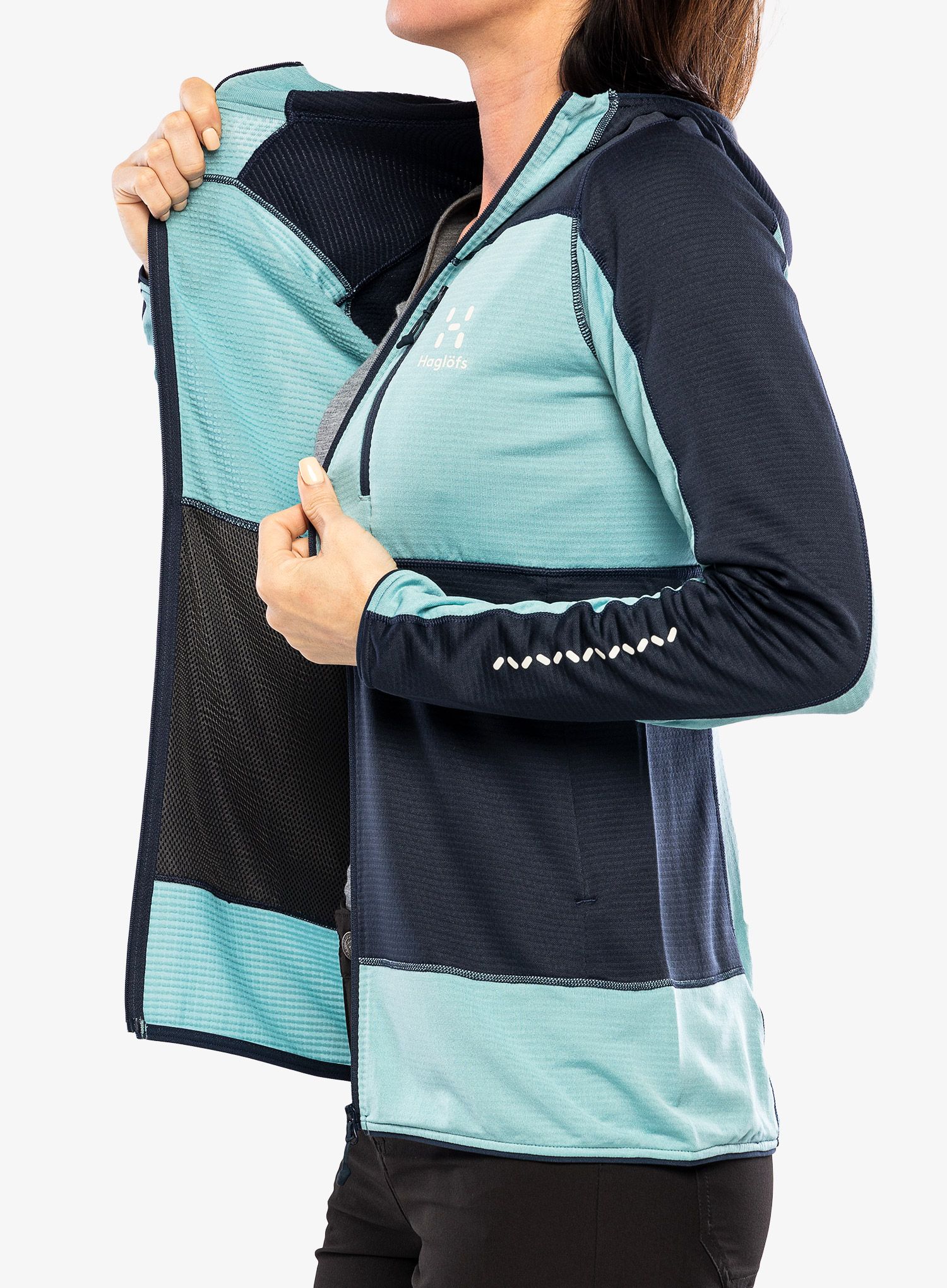Ženska jopa s kapuco Haglofs L.I.M Mid Fast Hood - tarn blue/frost blue