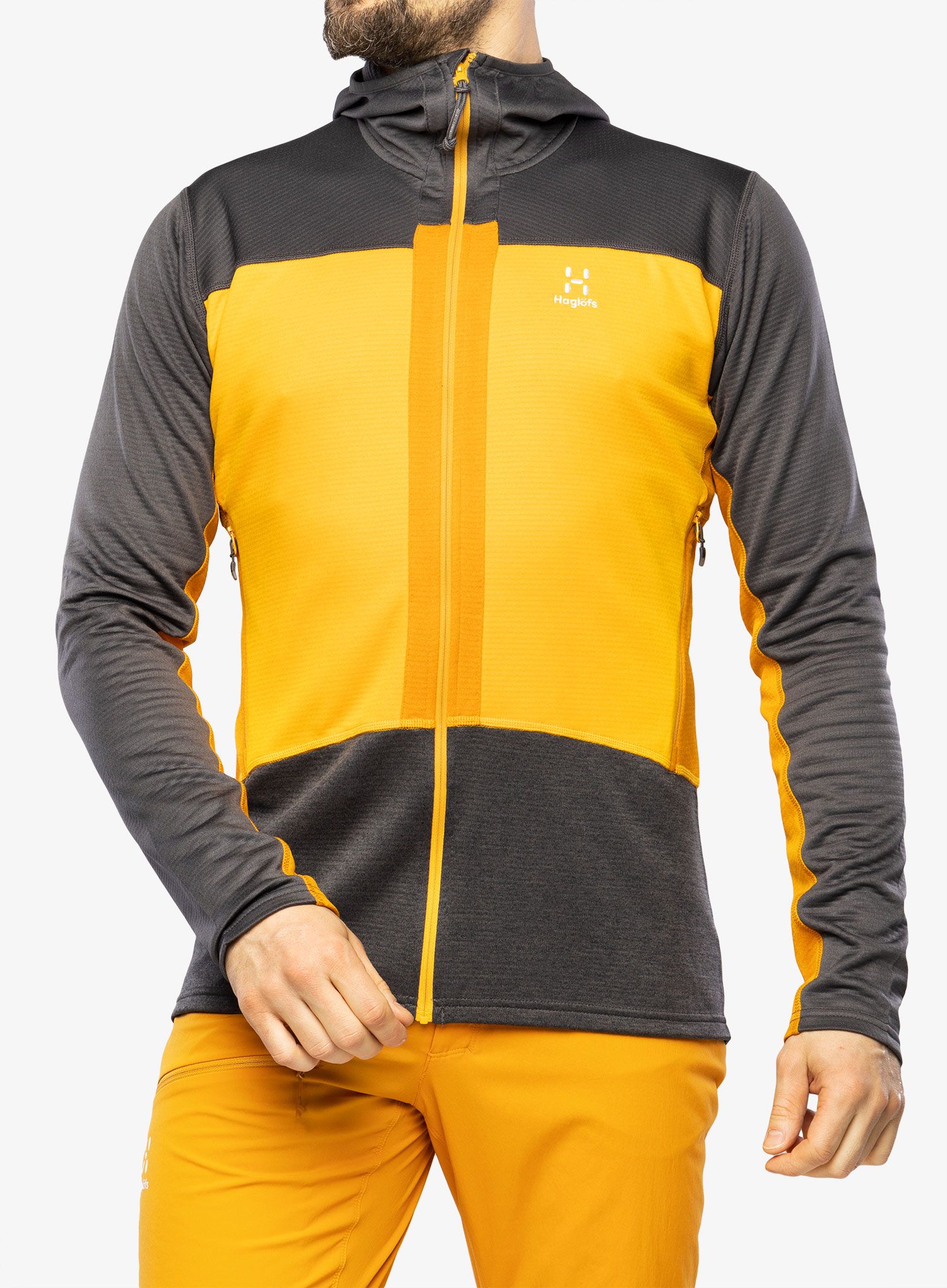 Jopica s kapuco Haglofs ROC Flash Mid Hood - magnetite/sunny yellow