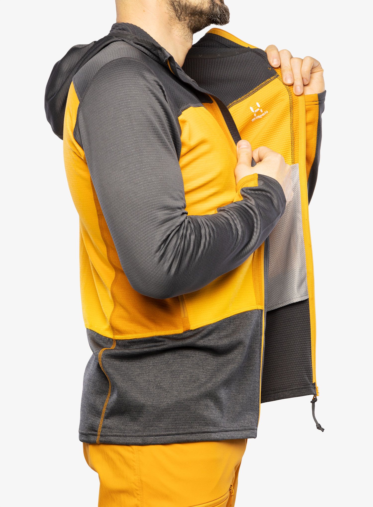 Jopica s kapuco Haglofs ROC Flash Mid Hood - magnetite/sunny yellow