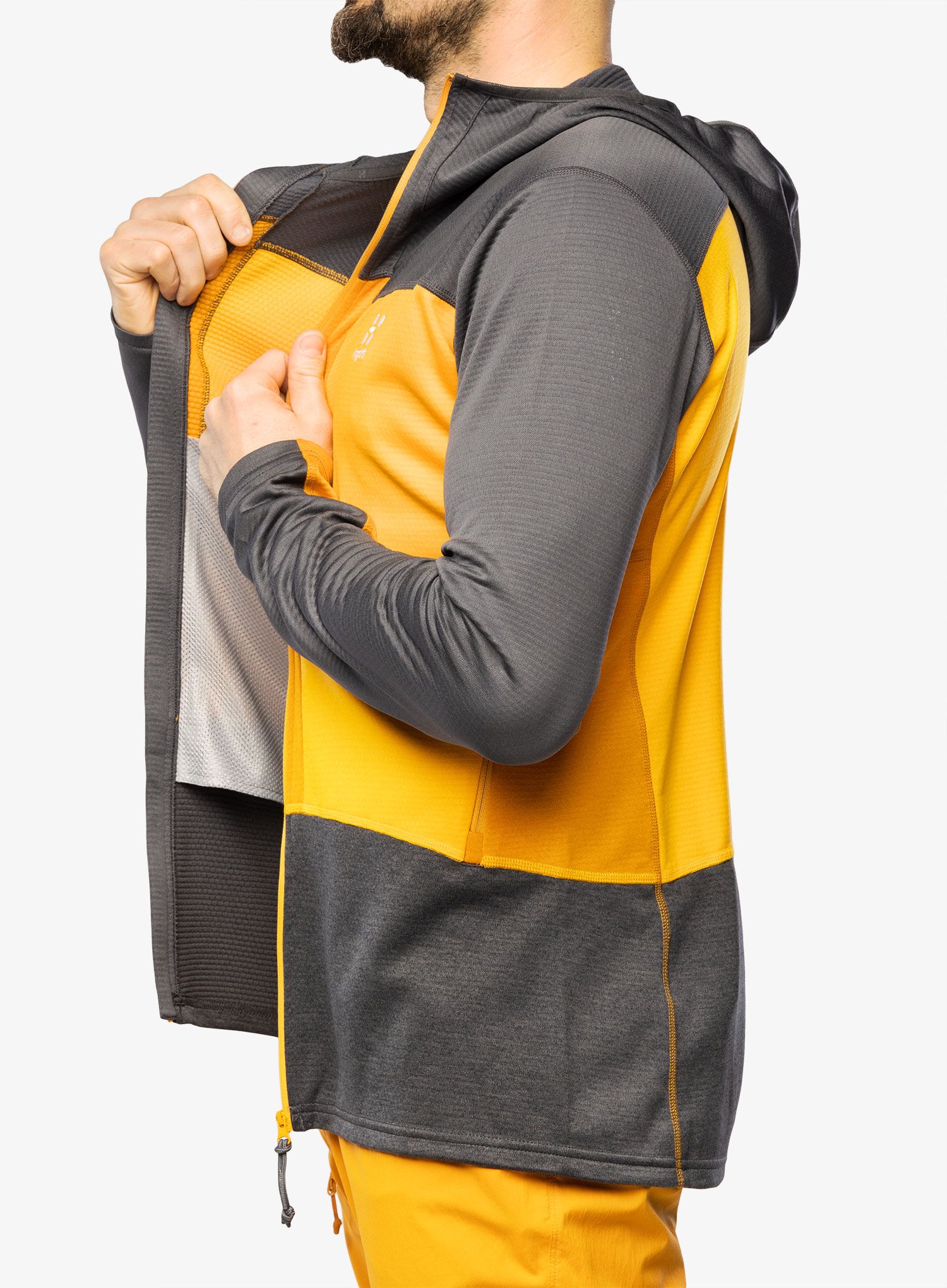 Jopica s kapuco Haglofs ROC Flash Mid Hood - magnetite/sunny yellow