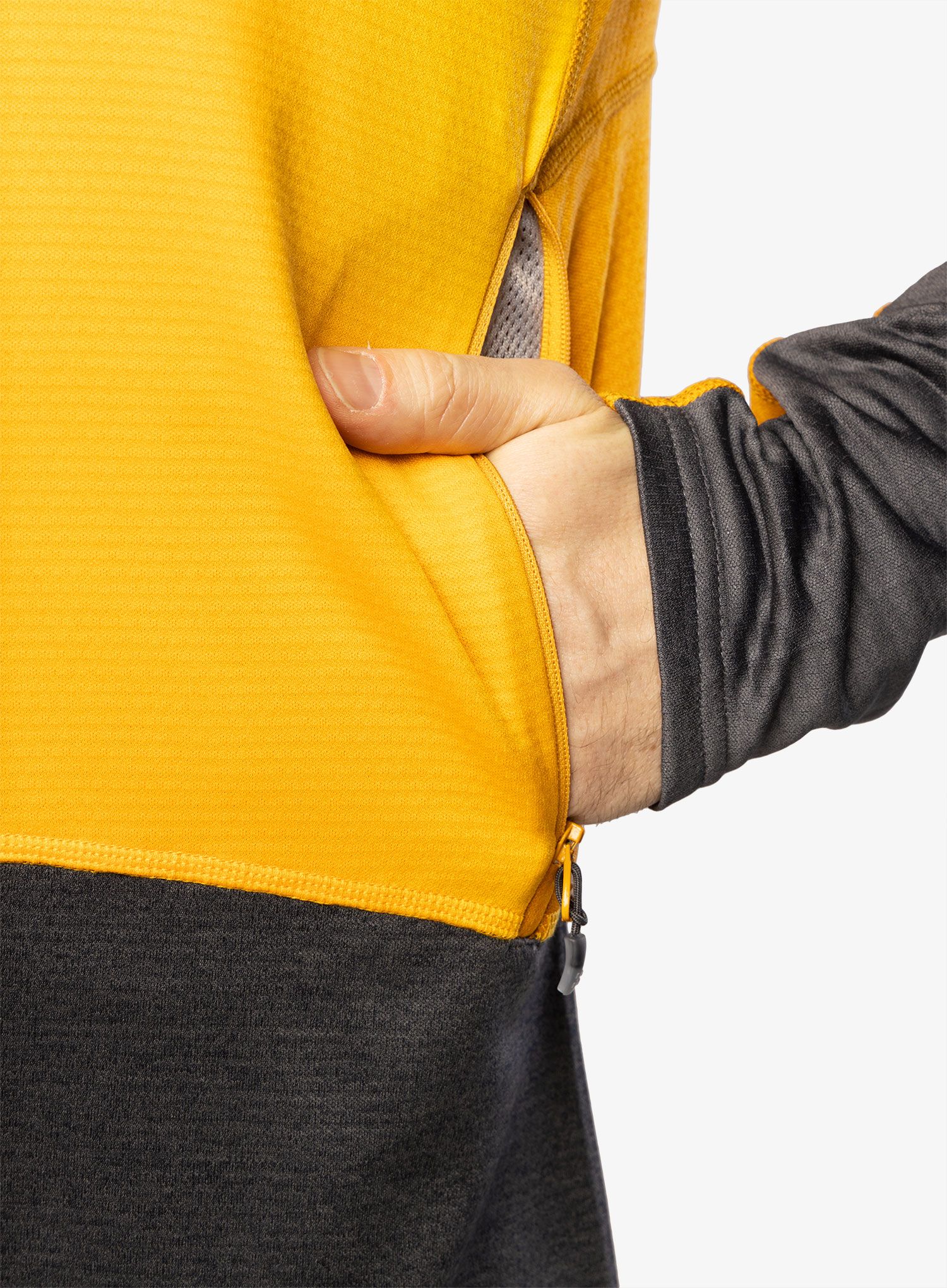 Jopica s kapuco Haglofs ROC Flash Mid Hood - magnetite/sunny yellow