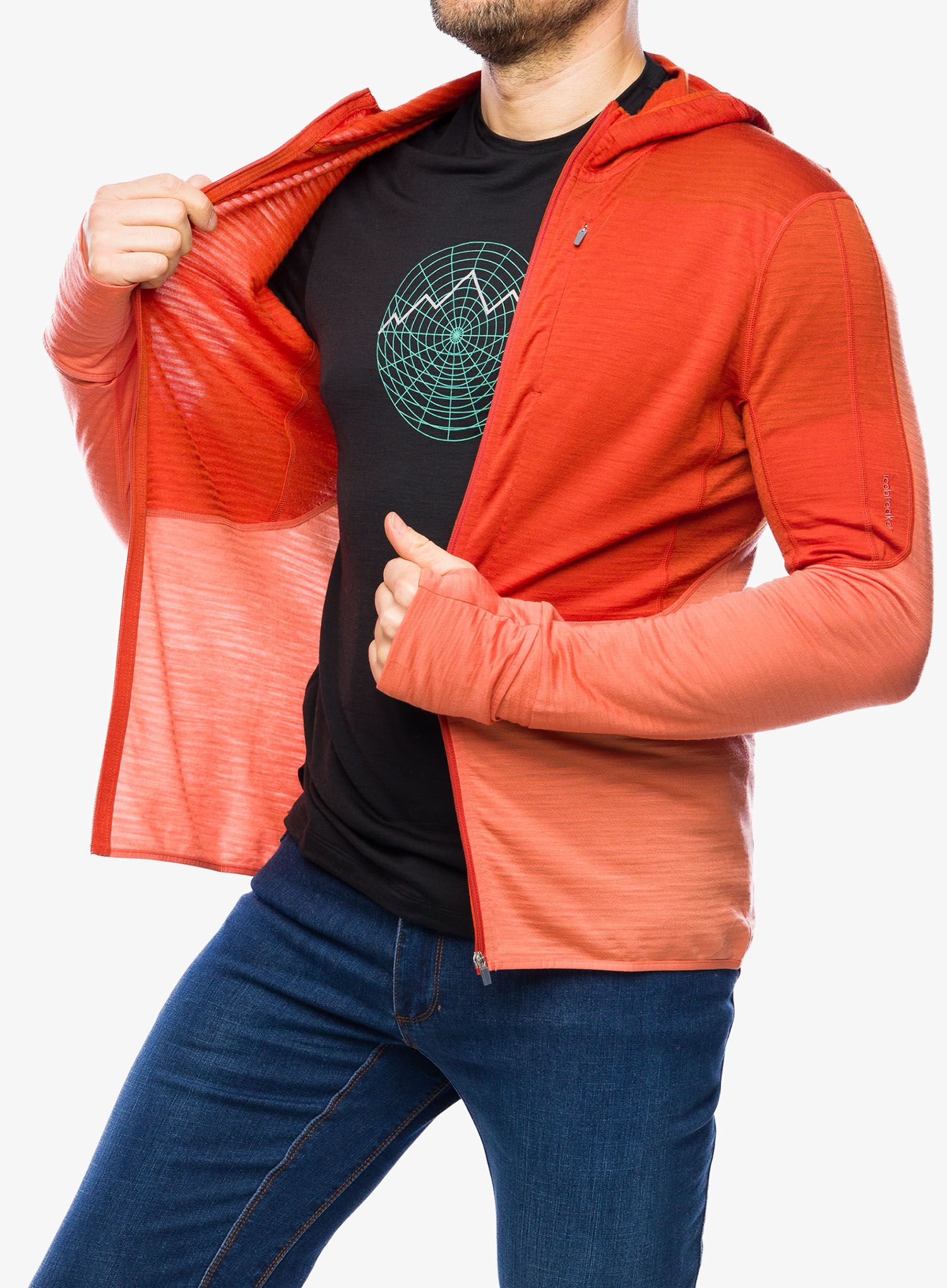 Jopica na zadrgo Icebreaker Merino 200 Realfleece Descender LS Zip Hoodie - molten/ember/cb