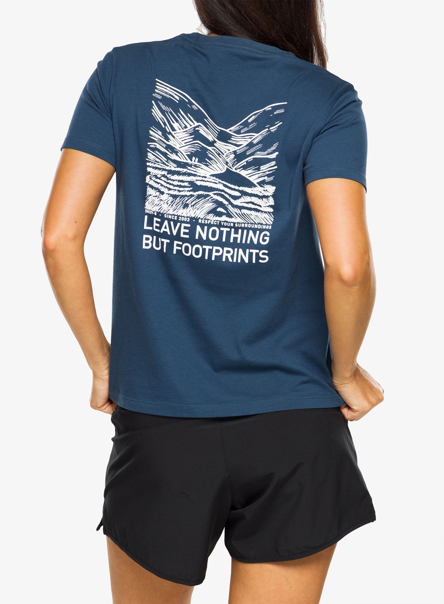 Ženska majica s potiskom Inov-8 Graphic Tee SS Footprints - navy