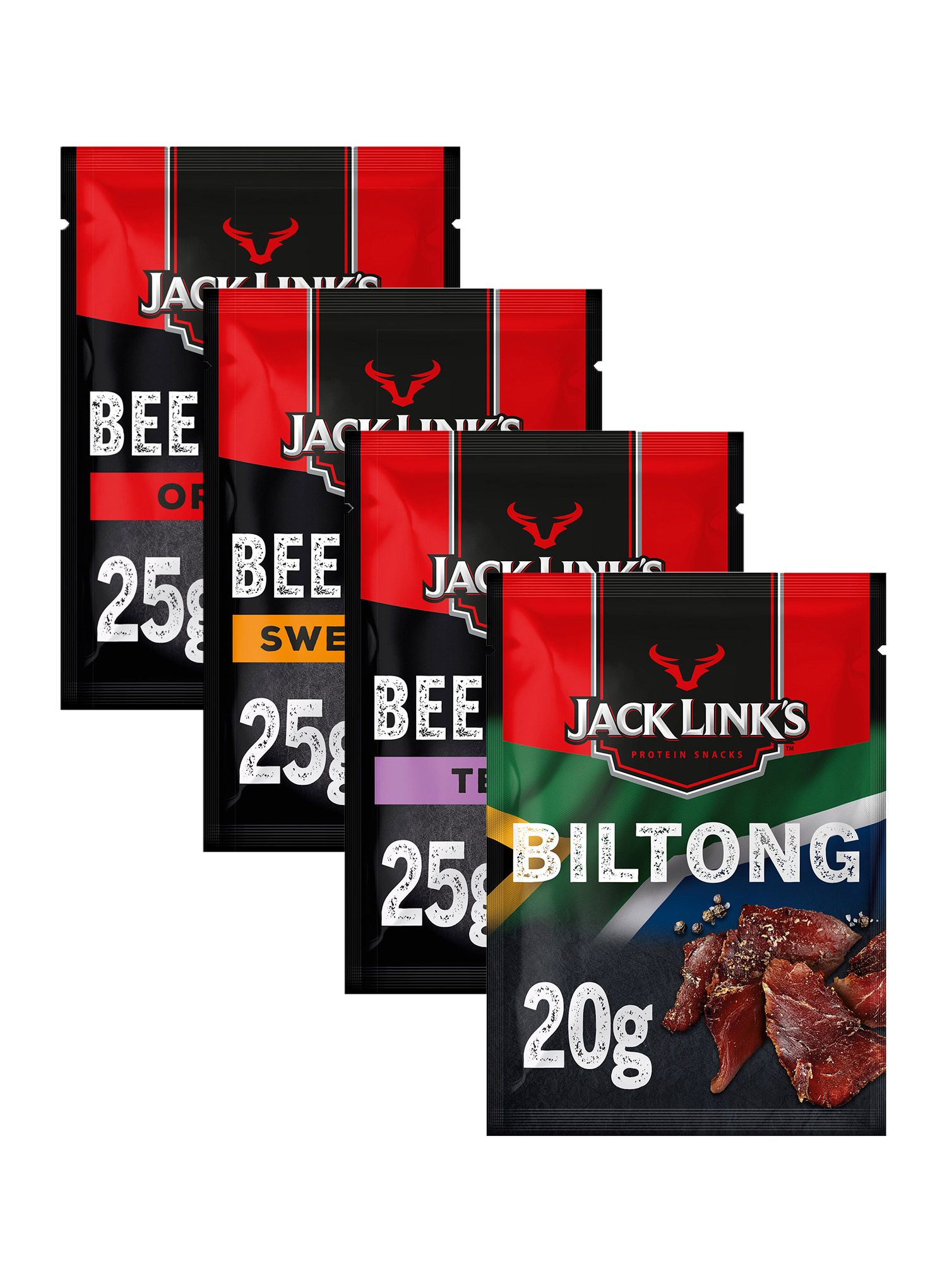 Komplet Jack Link's 4-Pack Beef Jerky 3 x 25 g + Biltong 1 x 20 g