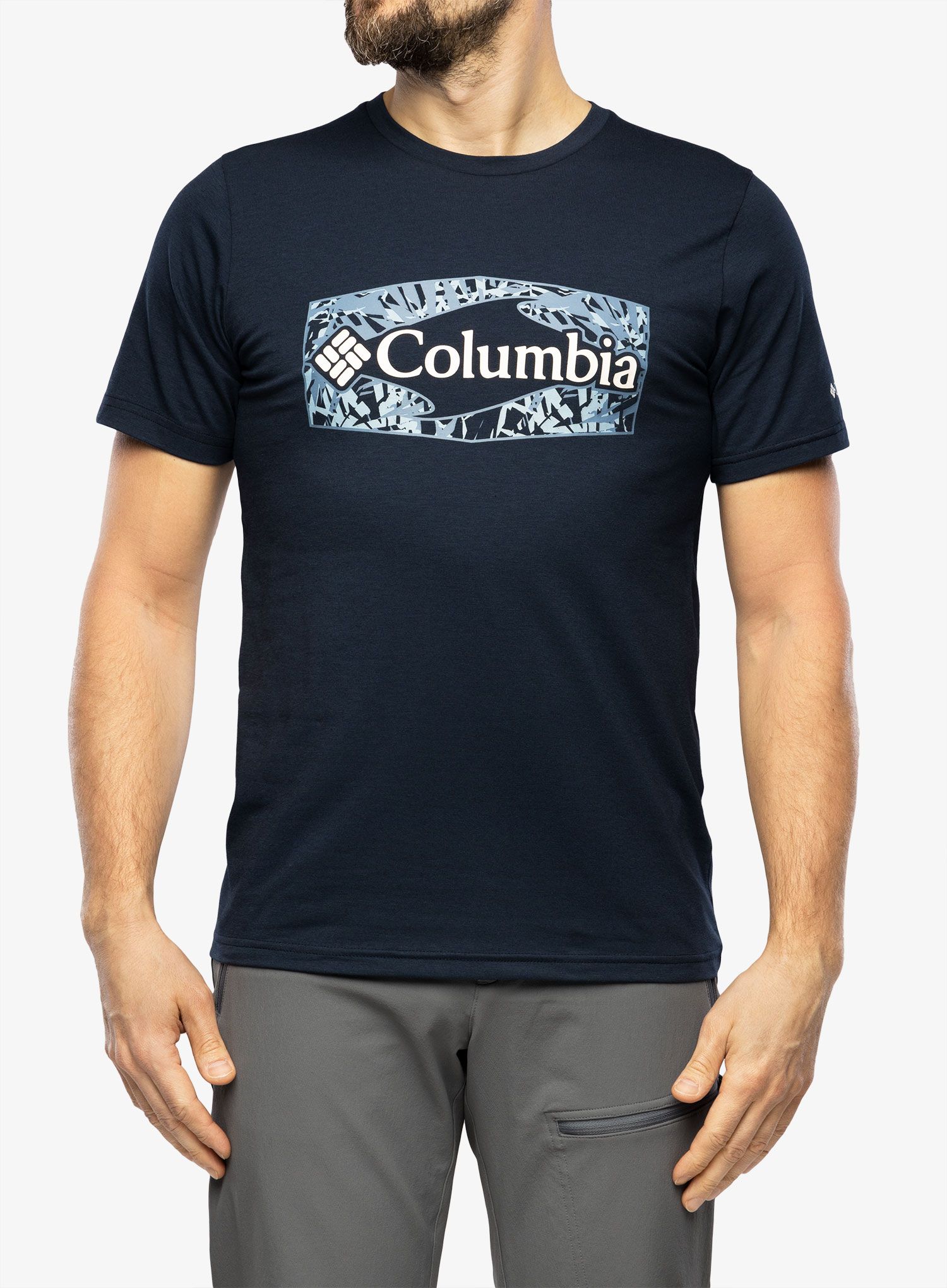 Majica s potiskom Columbia Sun Trek S/S Graphic Tee - coll navy/palmed hex graphic