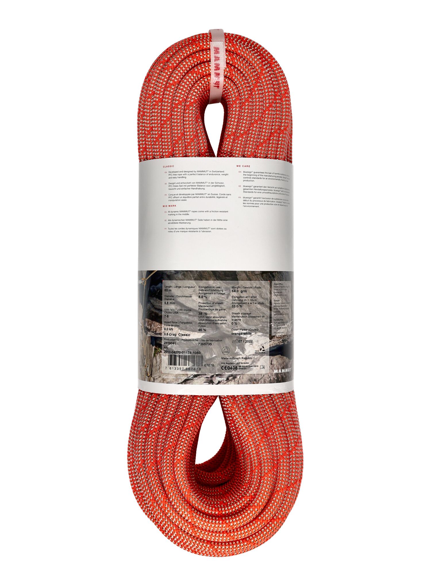 Dinamična vrv Mammut 9.8 Crag Classic Rope 60 m - orange/white
