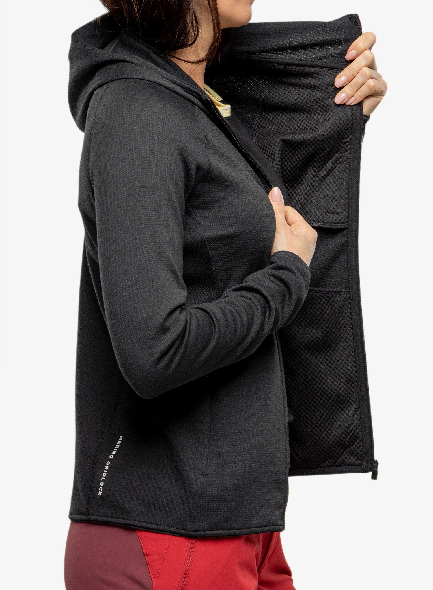 Ženska jopica Mons Royale Approach Merino Gridlock Hoody - black/pip