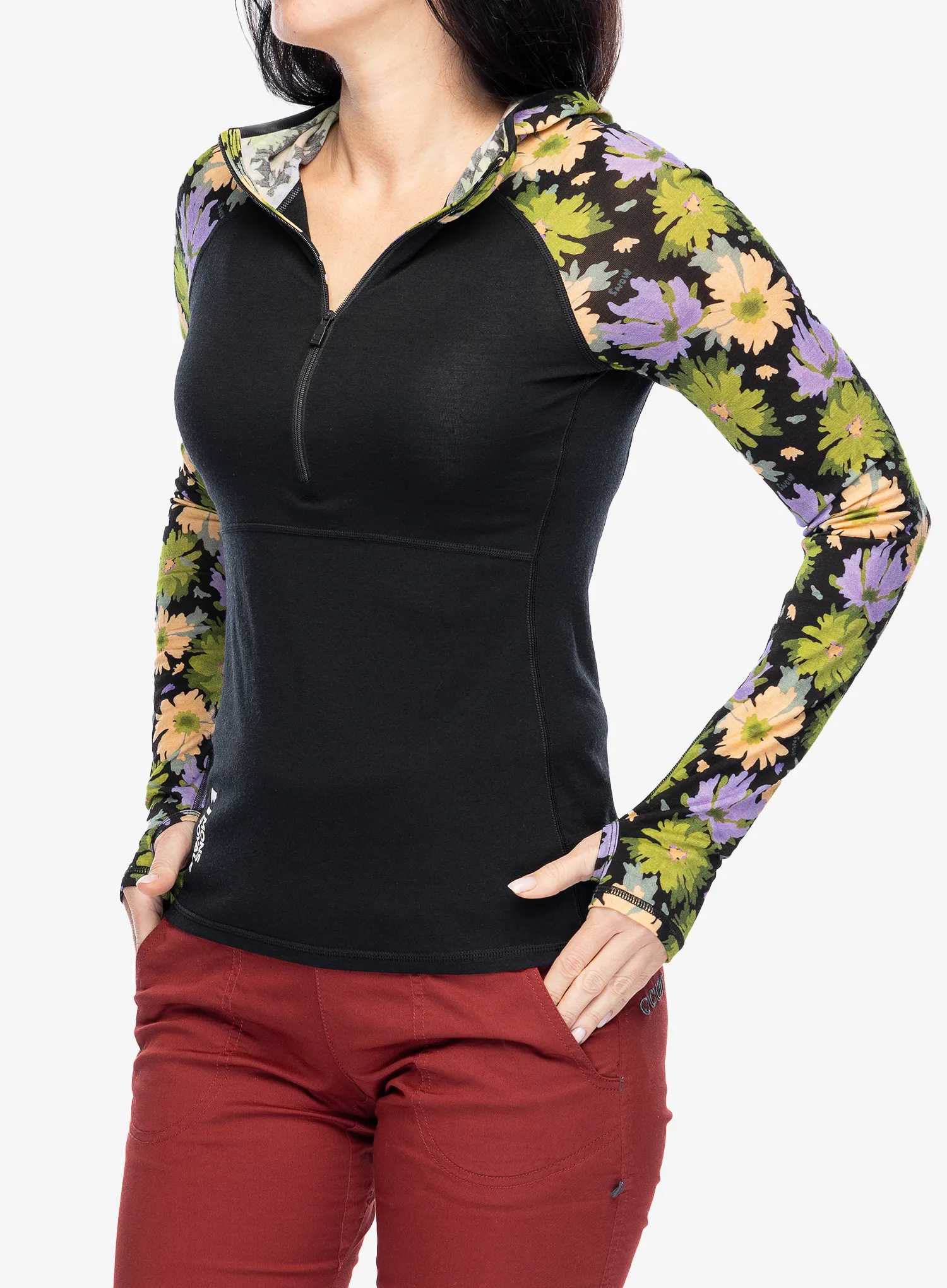 Ženska termo flis jopa Mons Royale Bella Tech Hood - alpine bloom/black