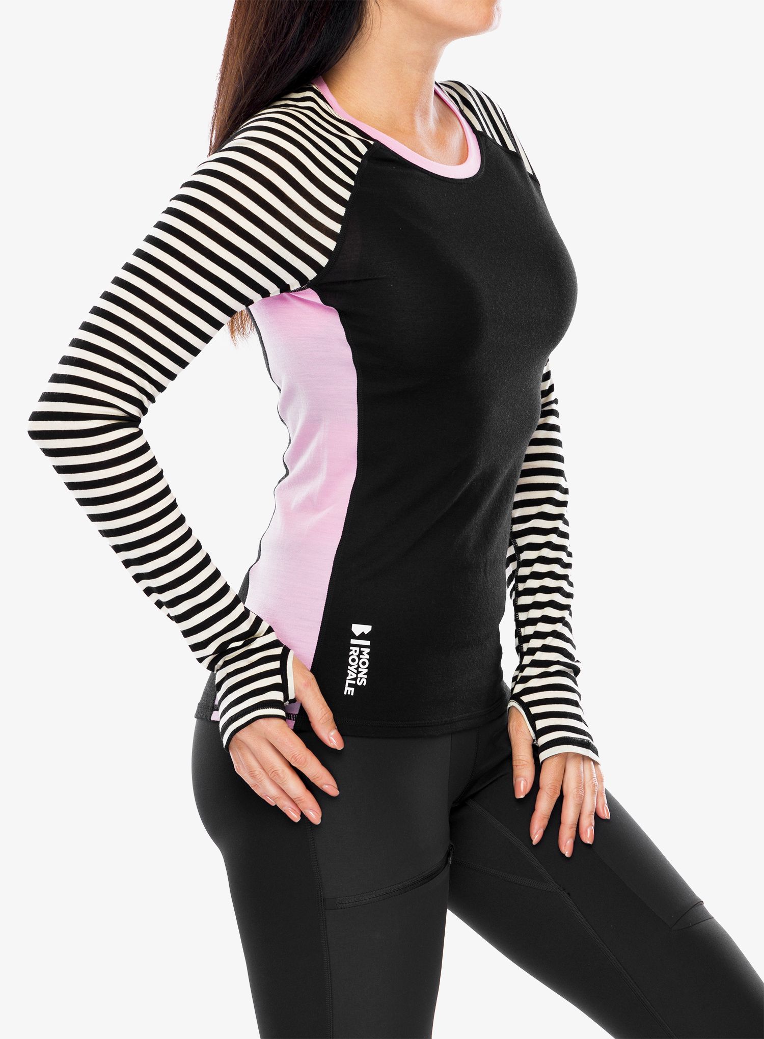 Ženska termo flis jopa Mons Royale Bella Tech LS - pink stripe