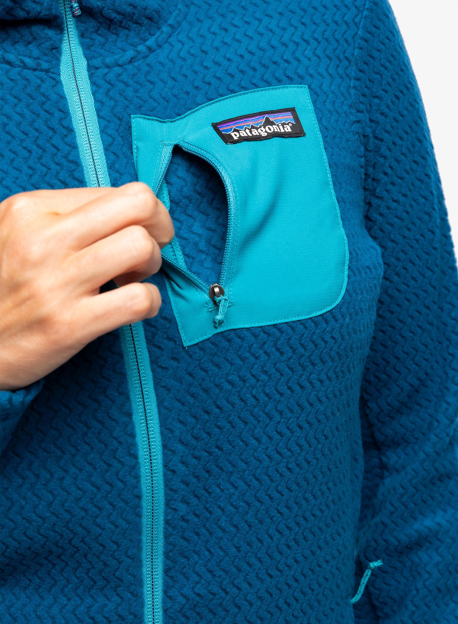 Ženska jopa s kapuco Patagonia R1 Air Full-Zip Hoody - lagom blue