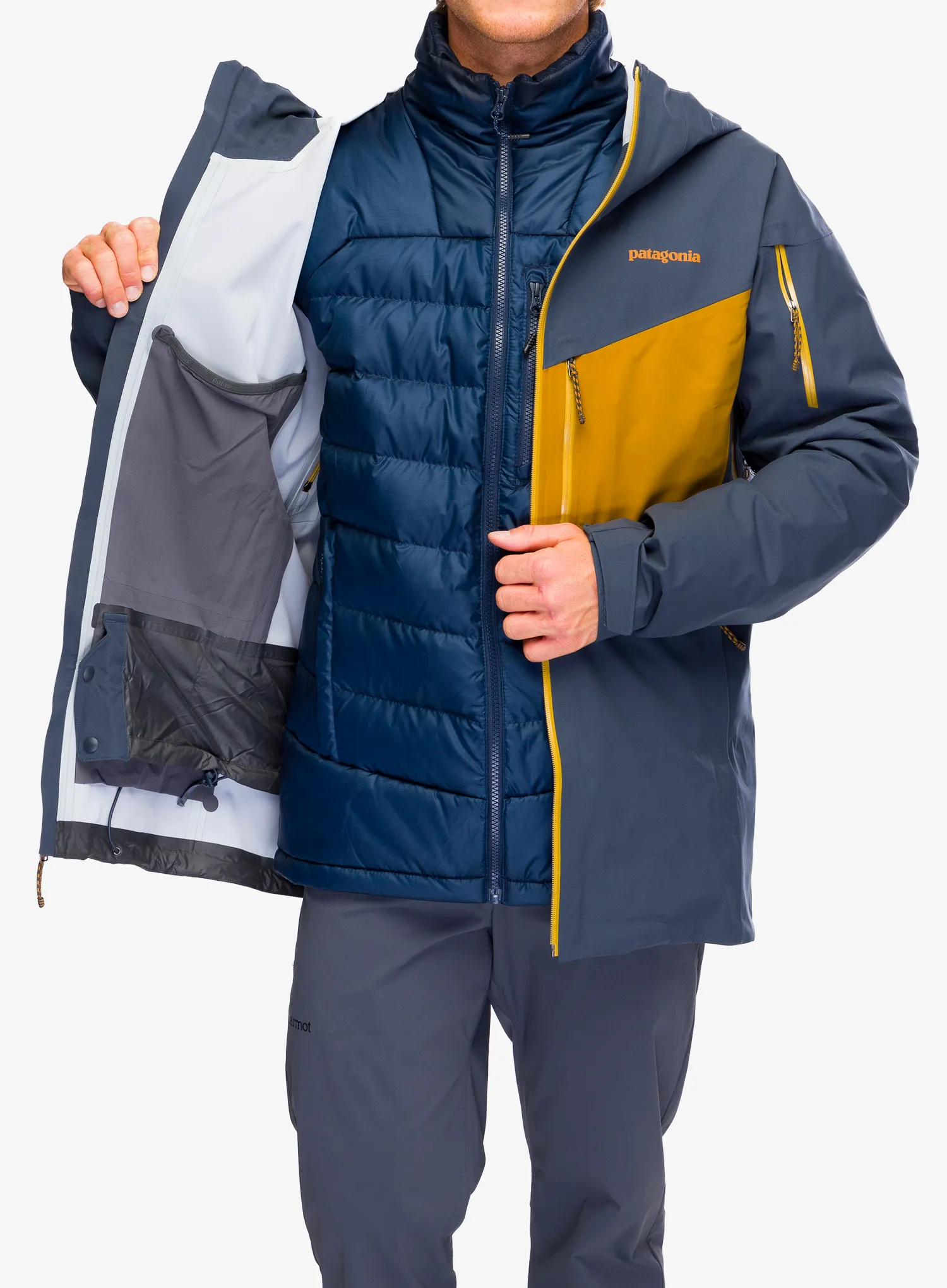 Jakna za turno smučanje Patagonia SnowDrifter Jacket - smolder blu/raptor brown black