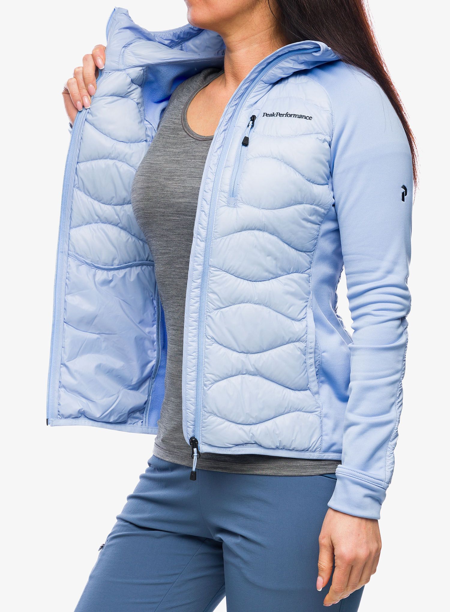 Ženska jakna Peak Performance Helium Down Hybrid Hood - amity blue