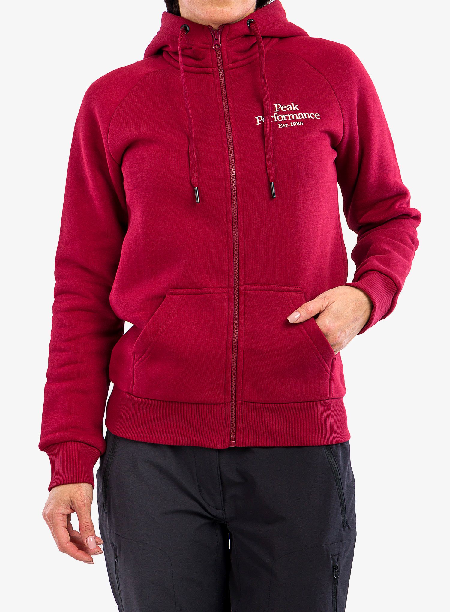 Ženska jopica z zadrgo Peak Performance Original Zip Hood - rogue red
