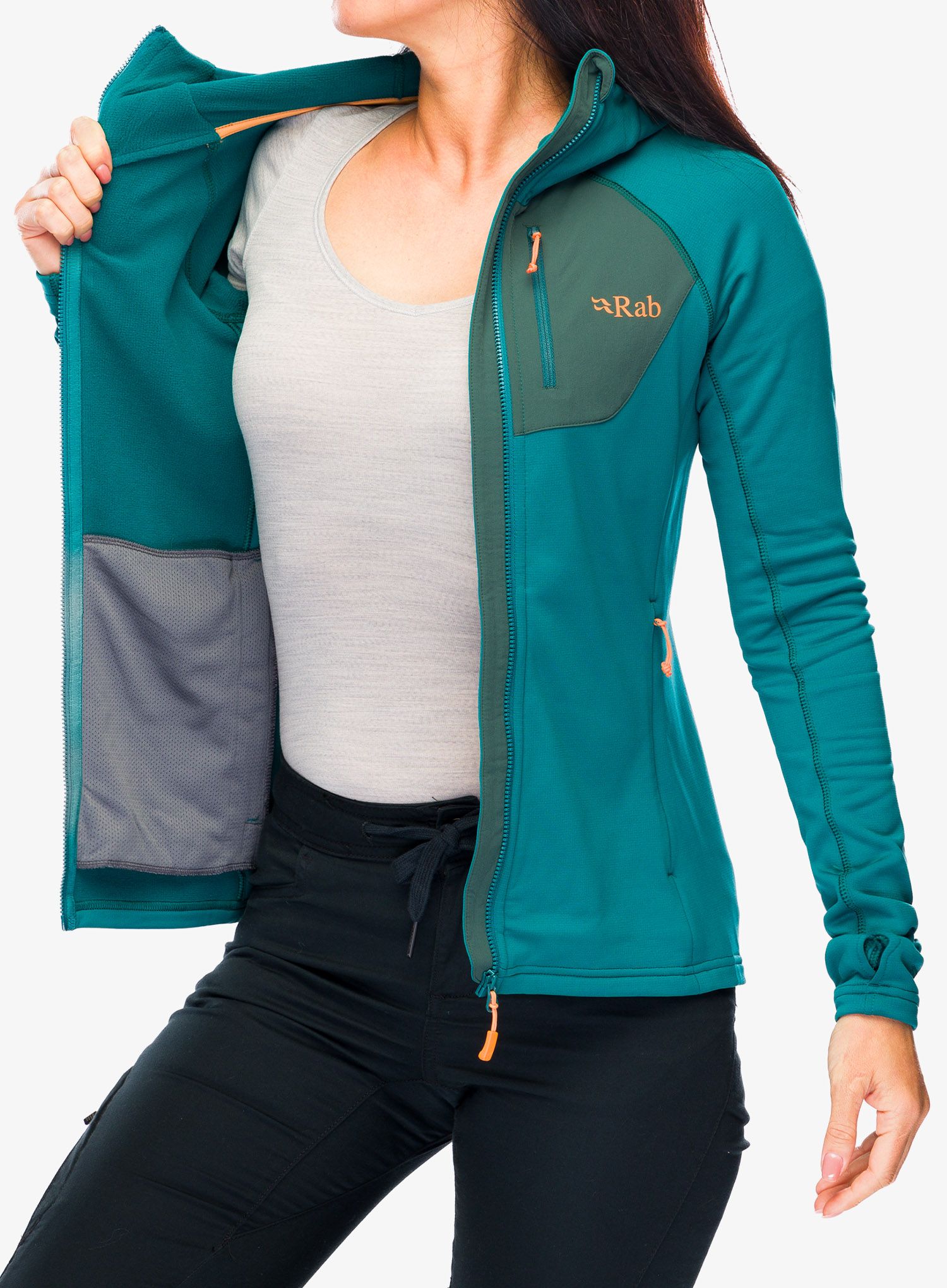 Ženska jopa s kapuco Rab Superflux Hoody - atlantis/pine