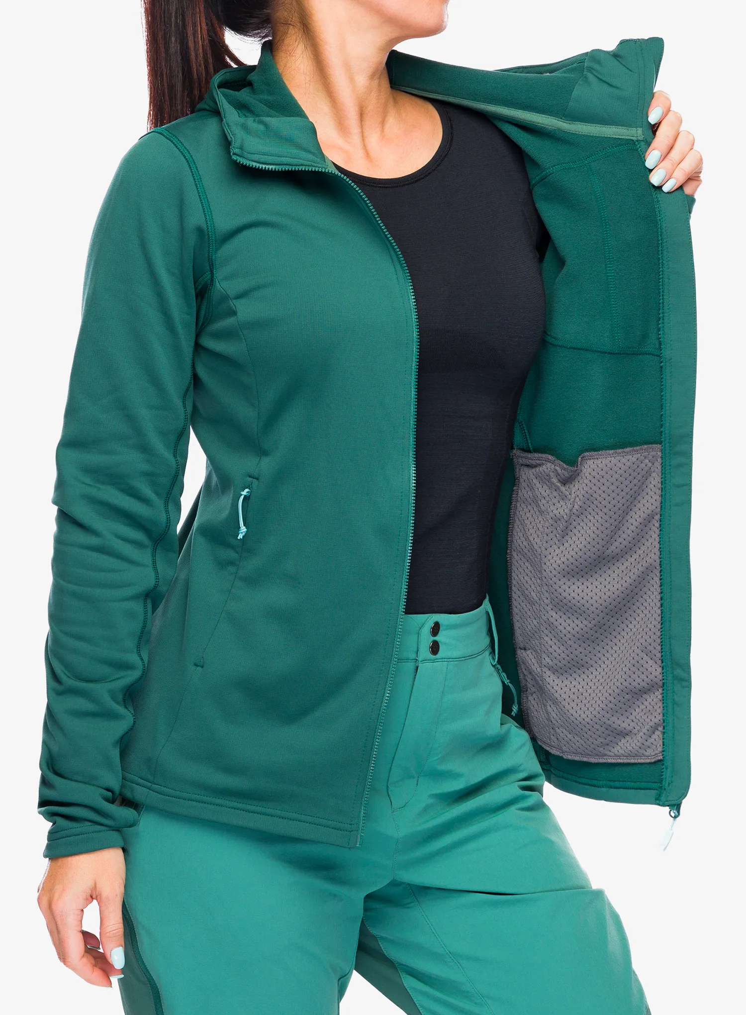 Ženska jopa s kapuco Rab Superflux Hoody - green slate