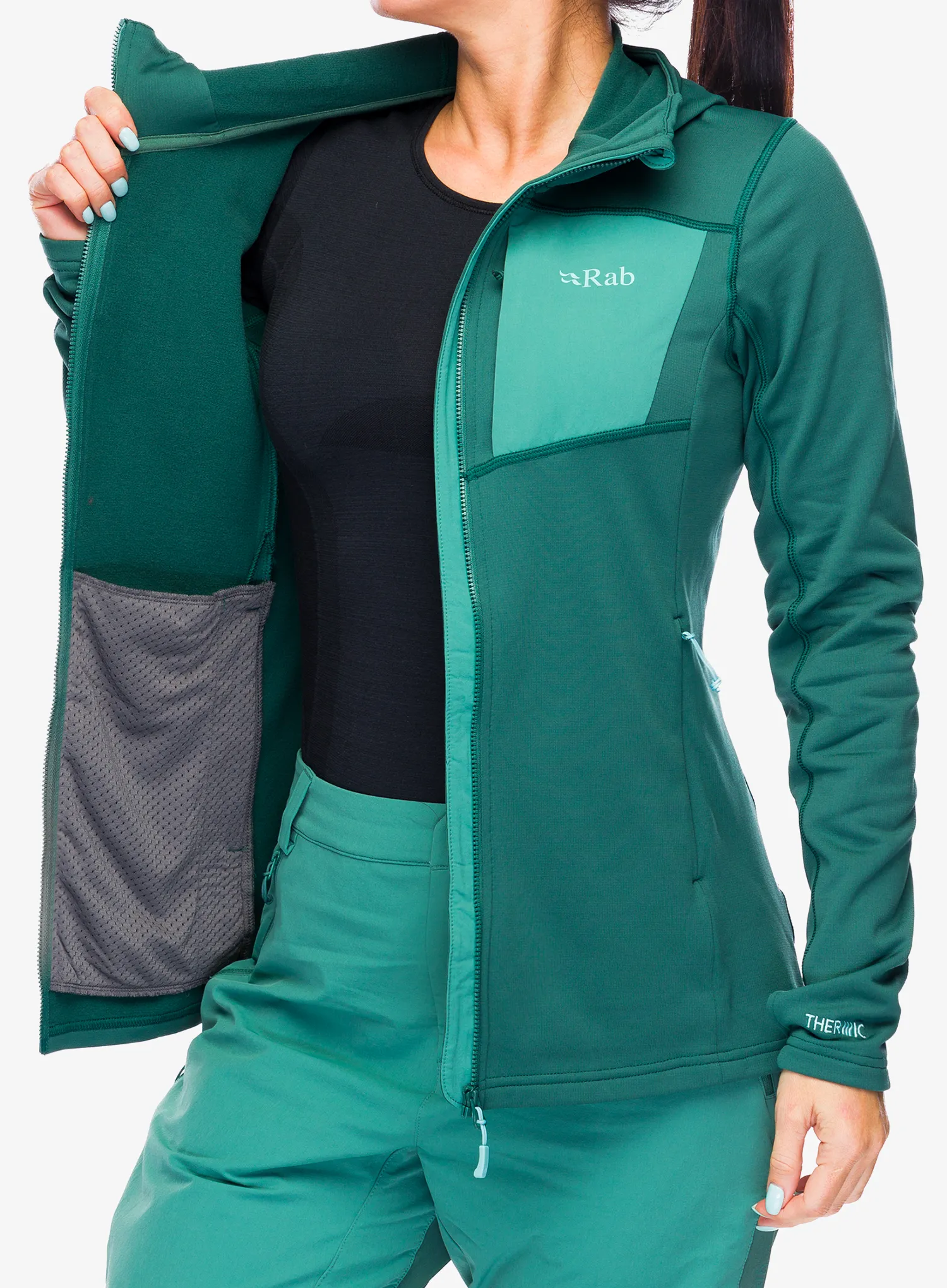 Ženska jopa s kapuco Rab Superflux Hoody - green slate