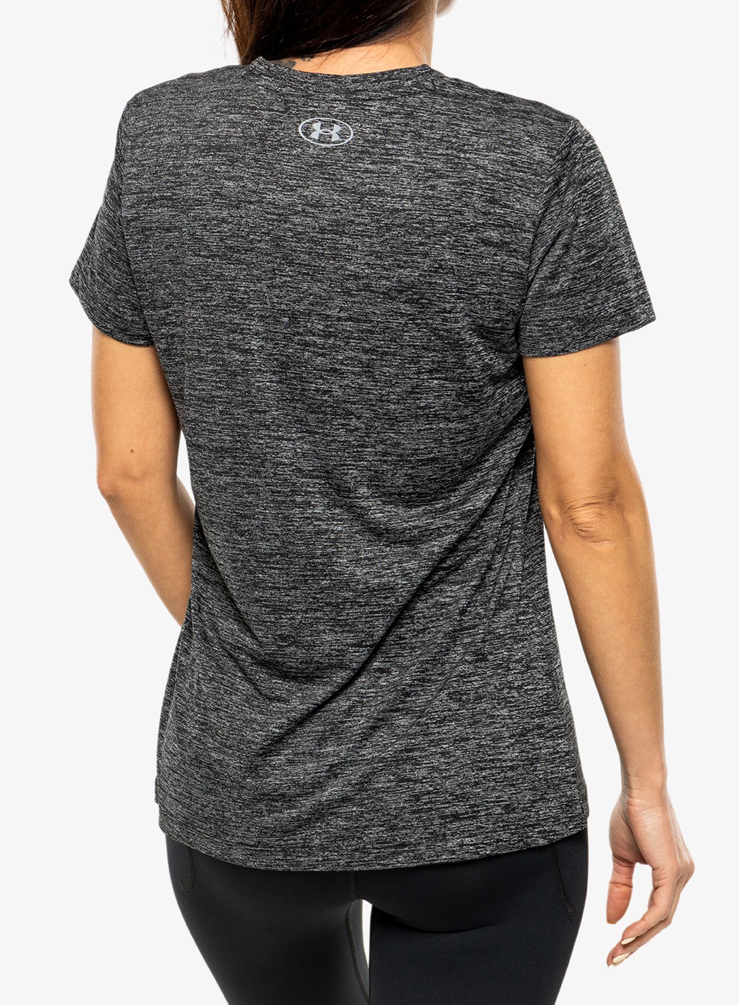 Ženska športna majica Under Armour Tech Twist Graphic SSV - black medium htr/white/steel