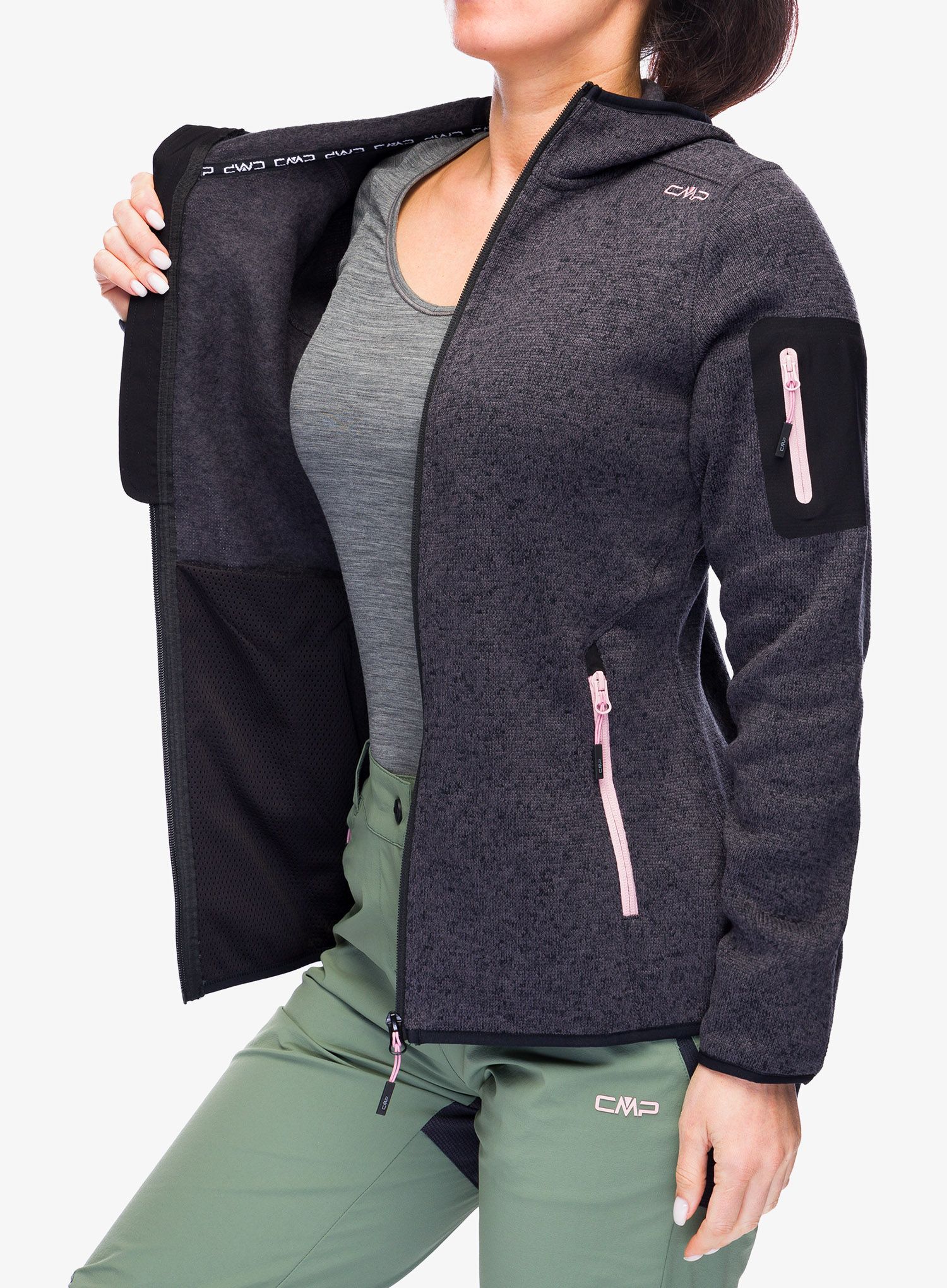 Ženski flis s kapuco CMP Londra Fix Hood Jacket Knitted - black/rose
