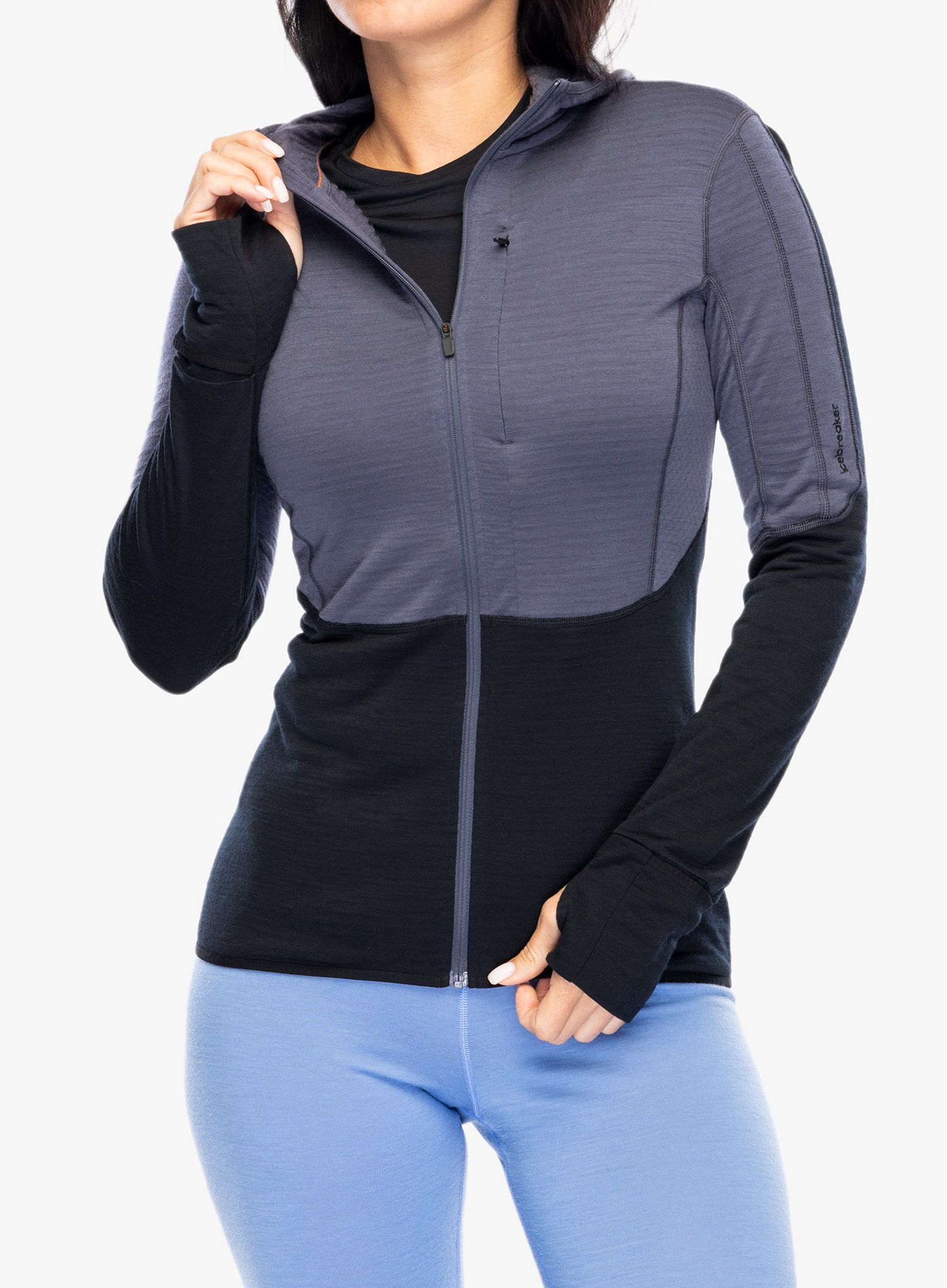 Ženska jopa s kapuco Icebreaker Merino 200 Realfleece Descender LS Zip Hoodie - graphite/black/cb