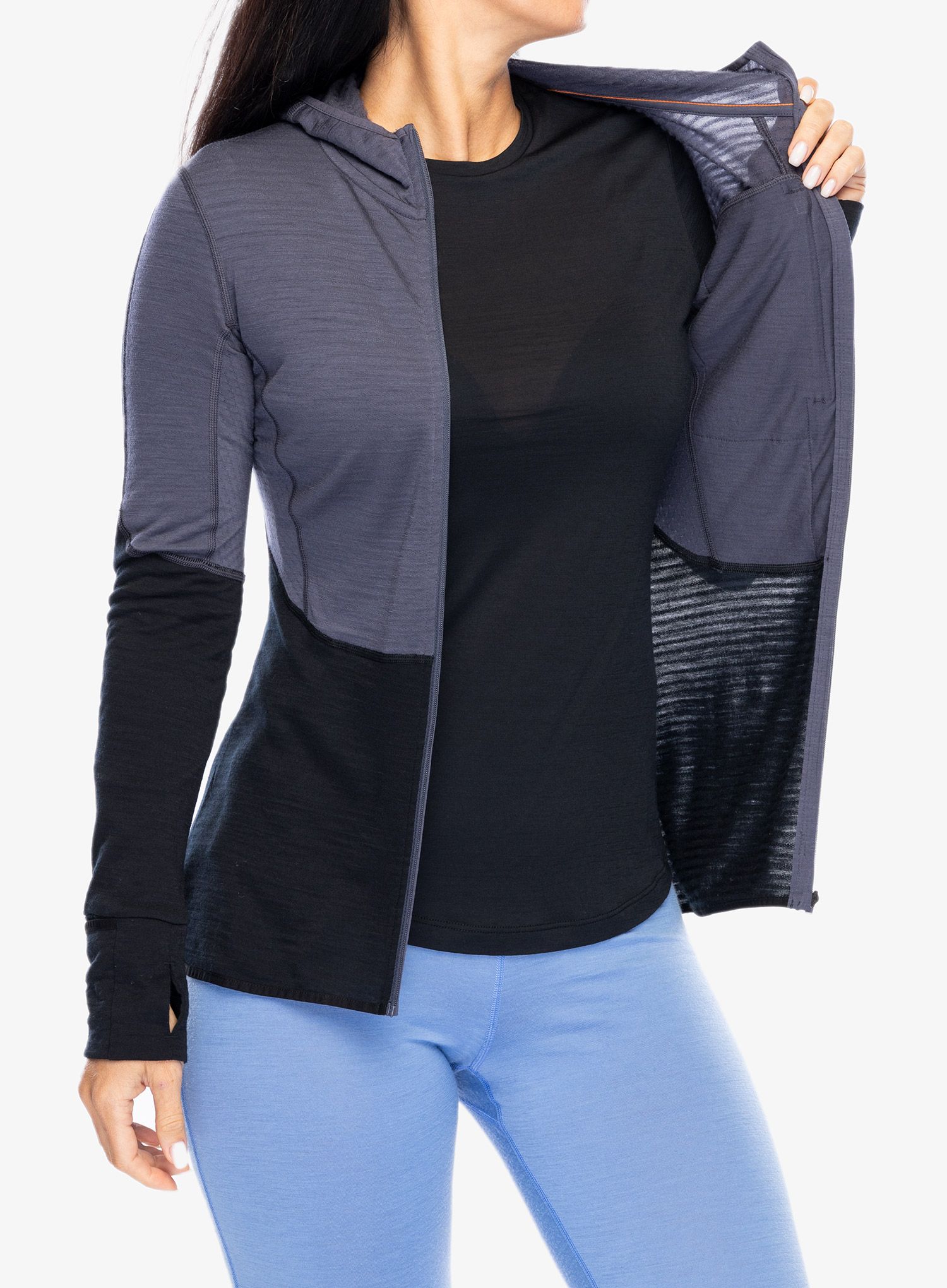 Ženska jopa s kapuco Icebreaker Merino 200 Realfleece Descender LS Zip Hoodie - graphite/black/cb