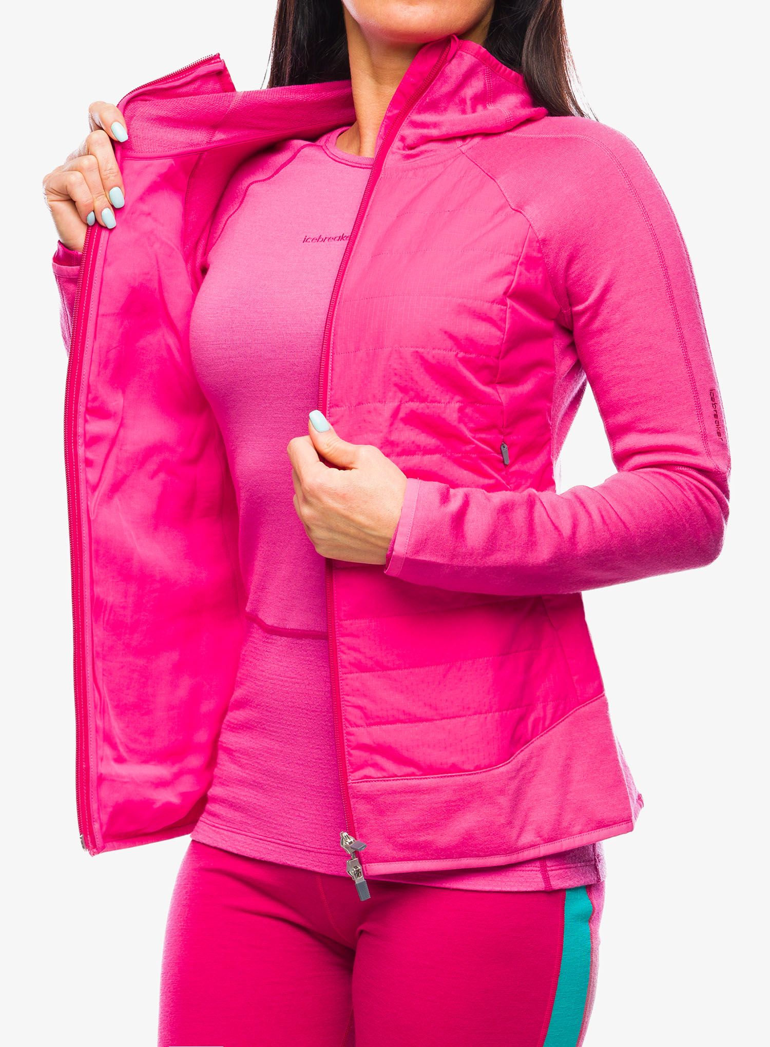 Ženska hibridna jakna Icebreaker Merino Quantum Hybrid LS Zip Hoodie - pink/tempo