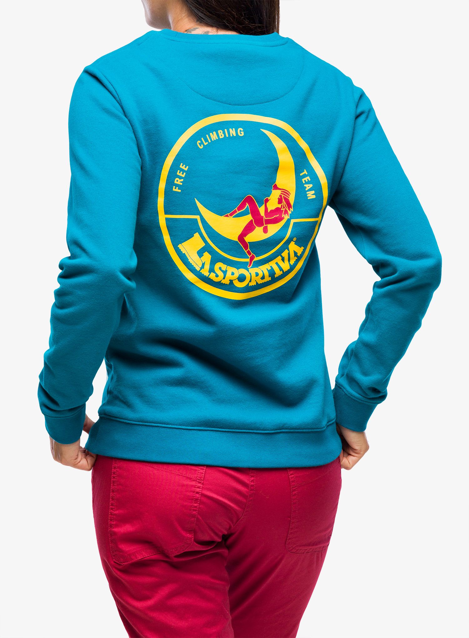 Ženska plezalna jopa La Sportiva Climbing on the Moon Sweatshirt - turchese/giallo