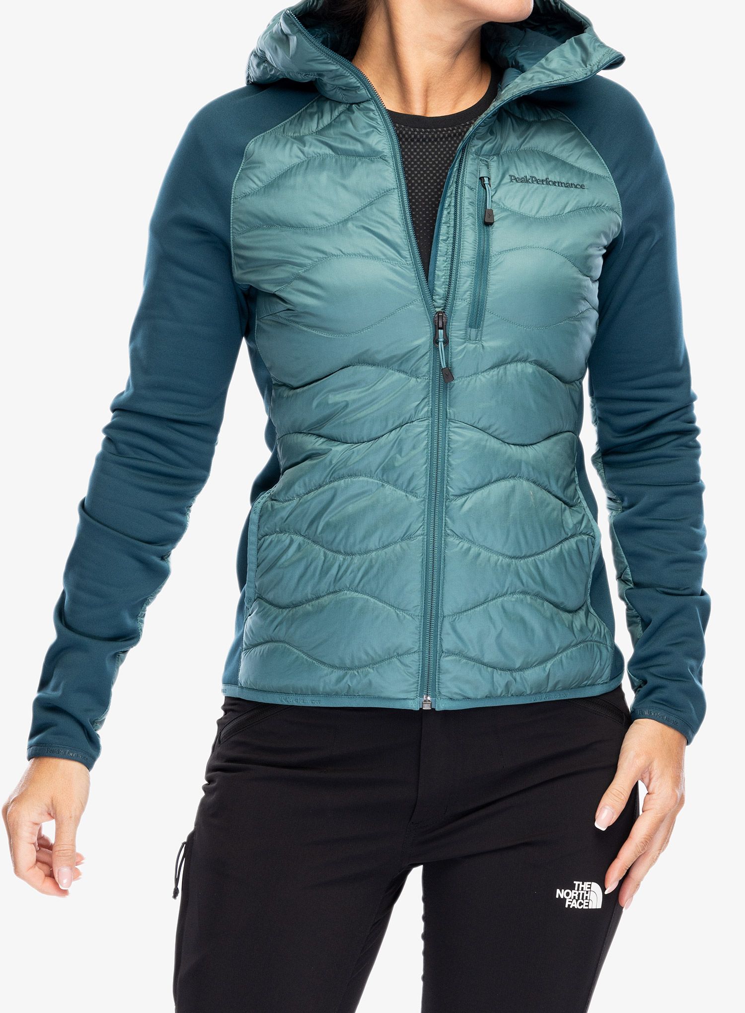 Ženska hibridna jakna Peak Performance Helium Down Hybrid Hood - hydro fresh