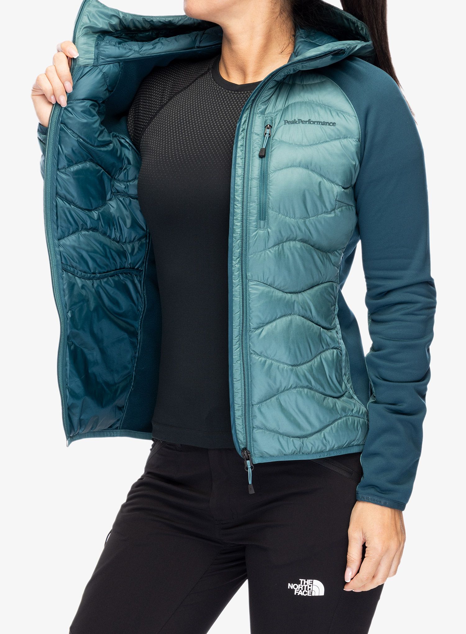 Ženska hibridna jakna Peak Performance Helium Down Hybrid Hood - hydro fresh