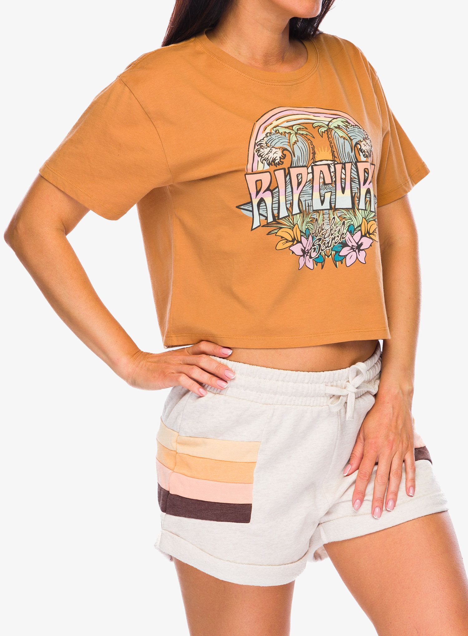 Ženska bombažna majica Rip Curl Block Party Crop Tee - light brown