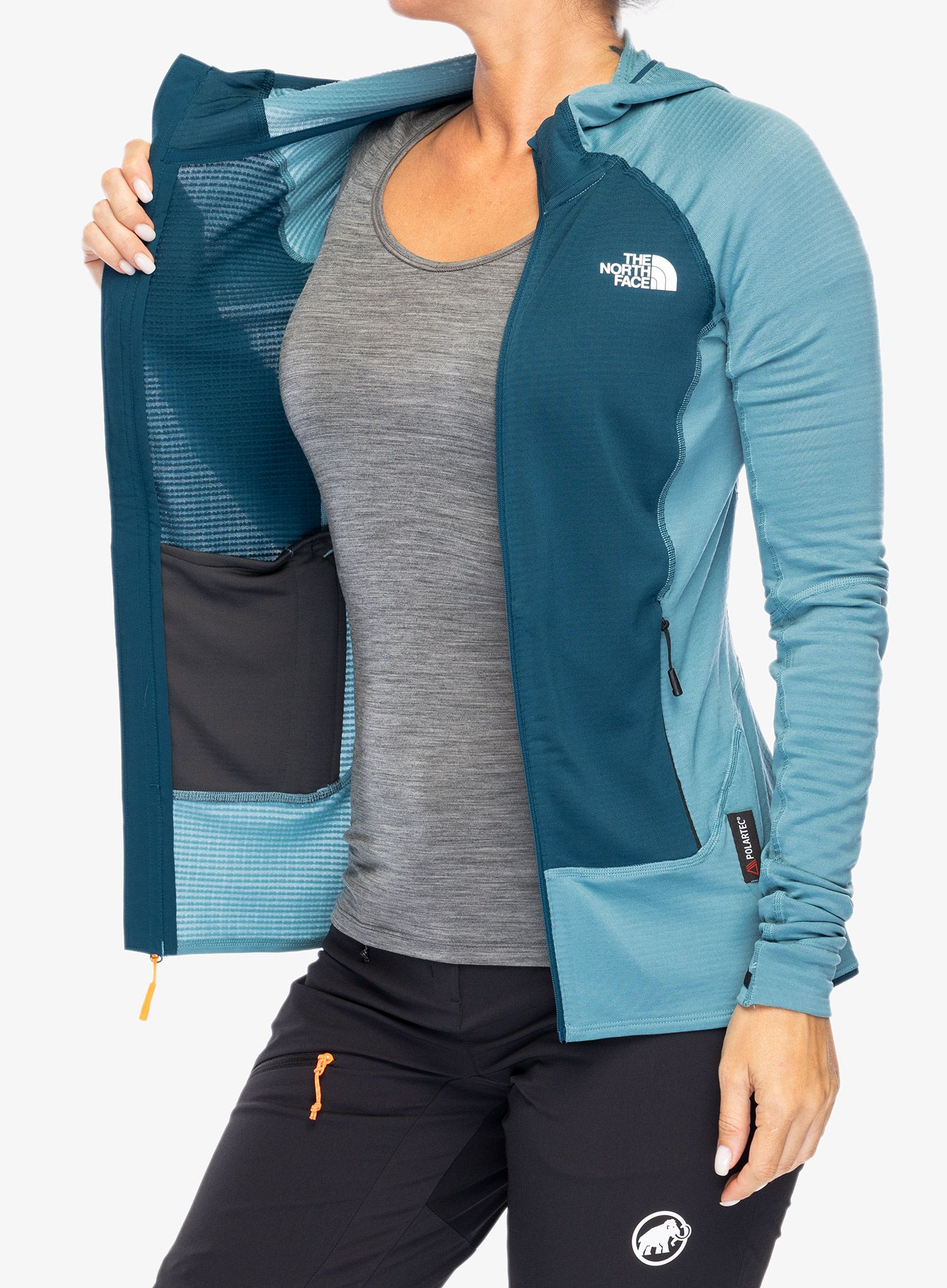 Ženska jopa s kapuco The North Face Bolt Polartec Hoodie - algae blue/midnight petrol