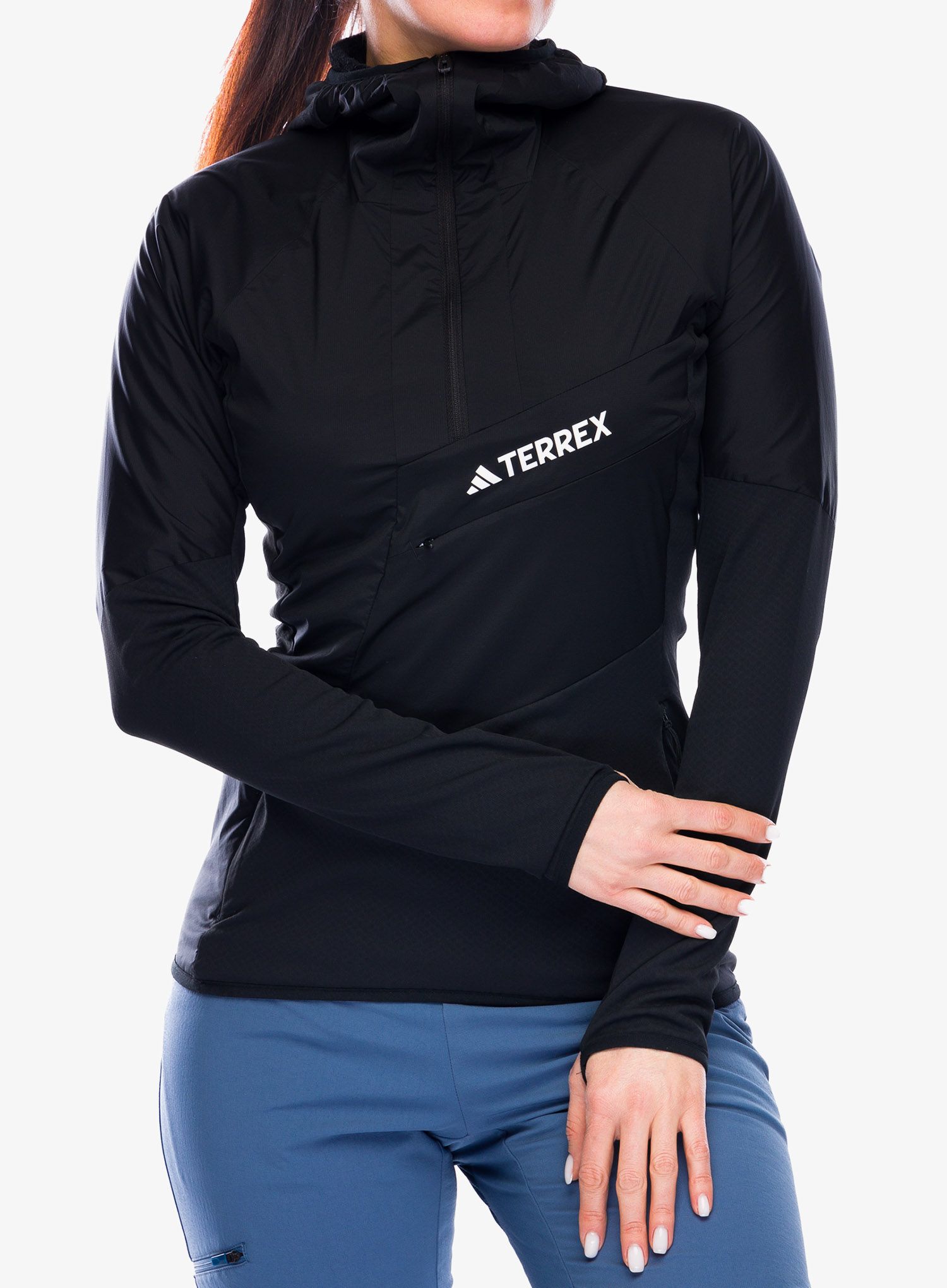 Ženska jopa s kapuco adidas TERREX Techrock Ultralight Half Zip Hooded Fleece - black