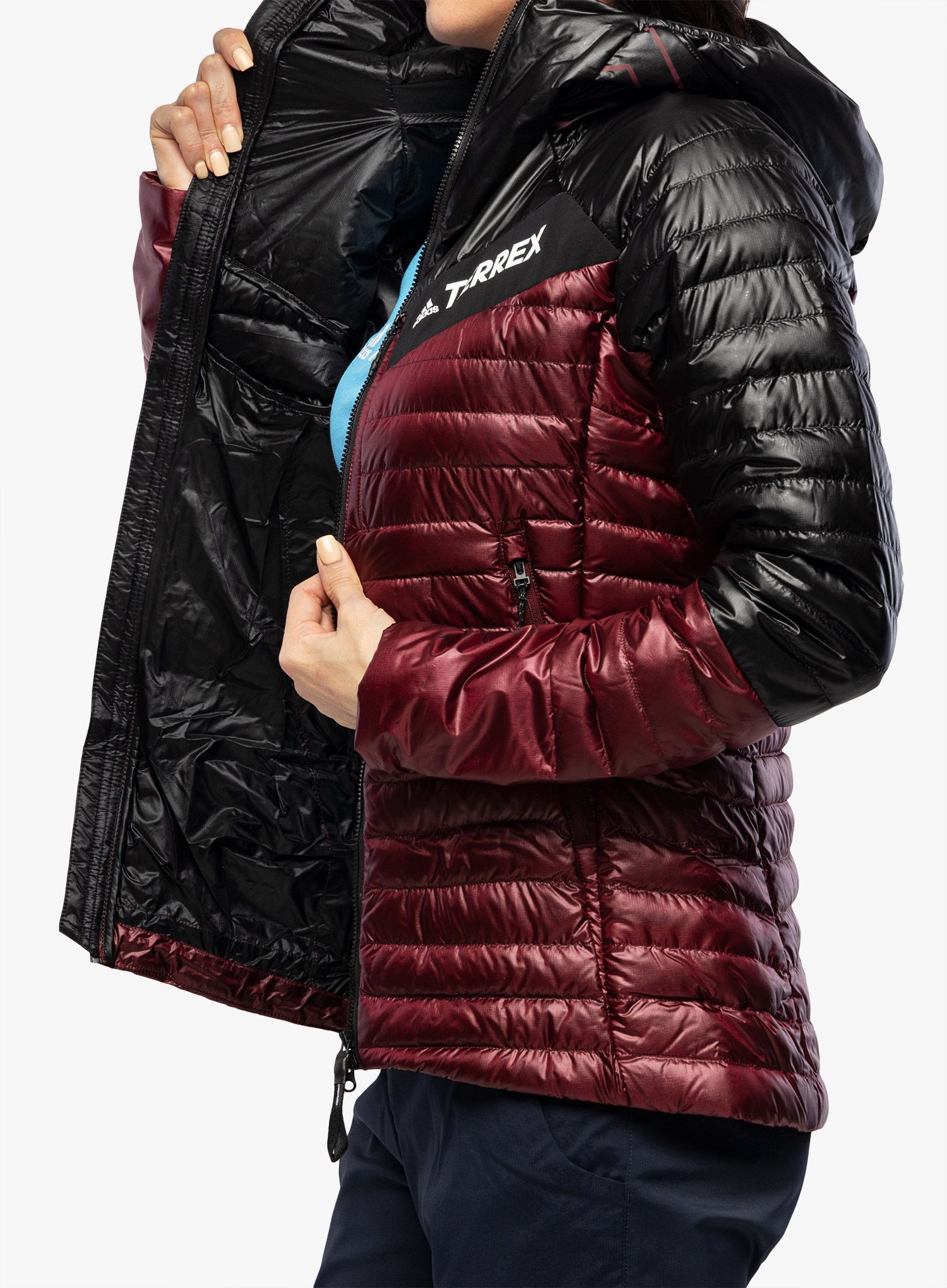 Ženska puhovka adidas TERREX Techrock Year-Round Down Hooded Jkt - shadow red/black
