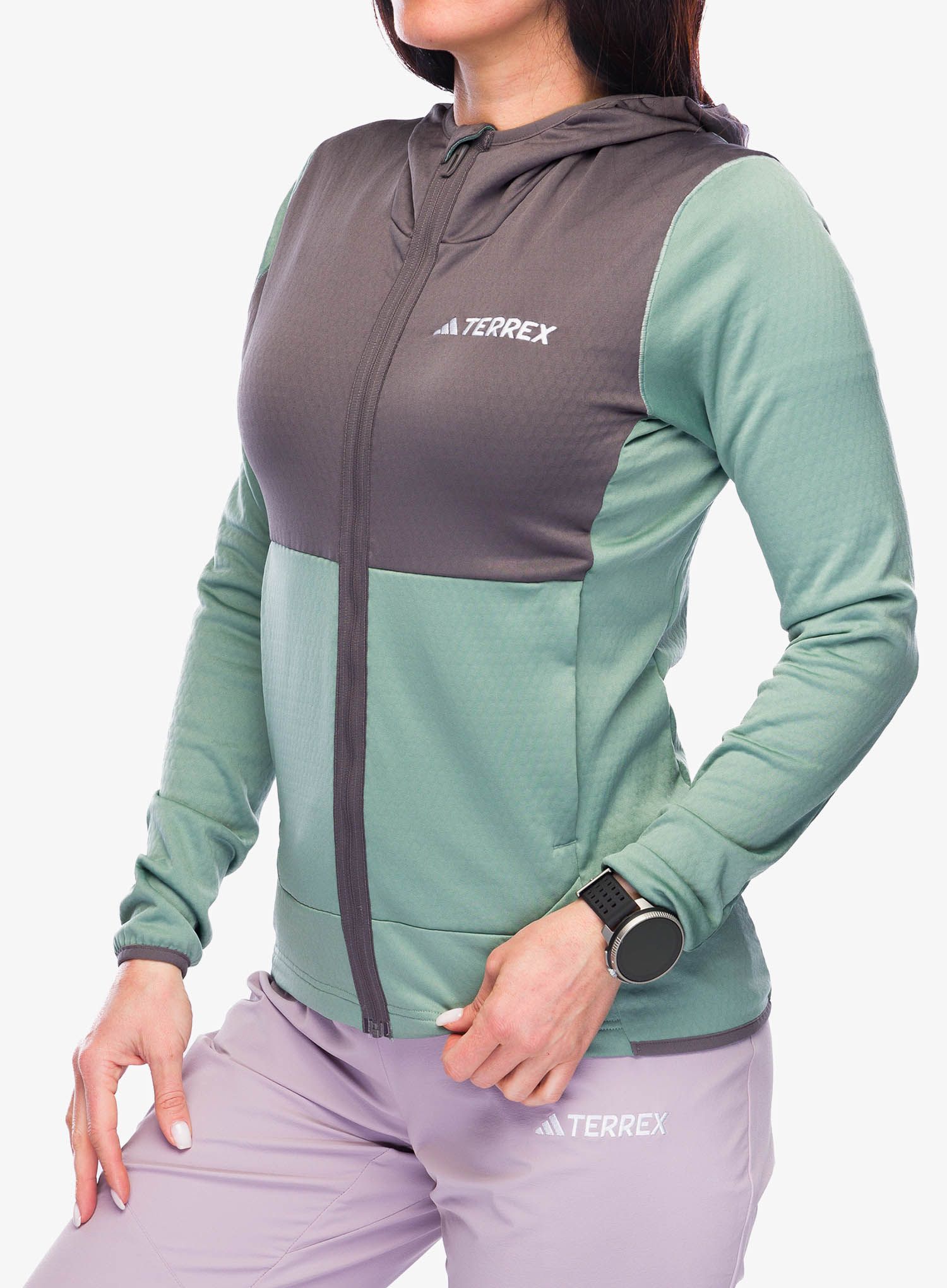 Ženska jopica adidas TERREX Xperior Light Fleece Hooded Jacket - silver green/charcoal