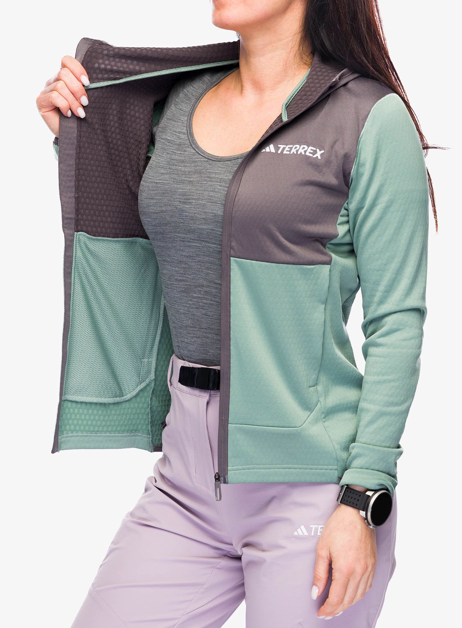 Ženska jopica adidas TERREX Xperior Light Fleece Hooded Jacket - silver green/charcoal