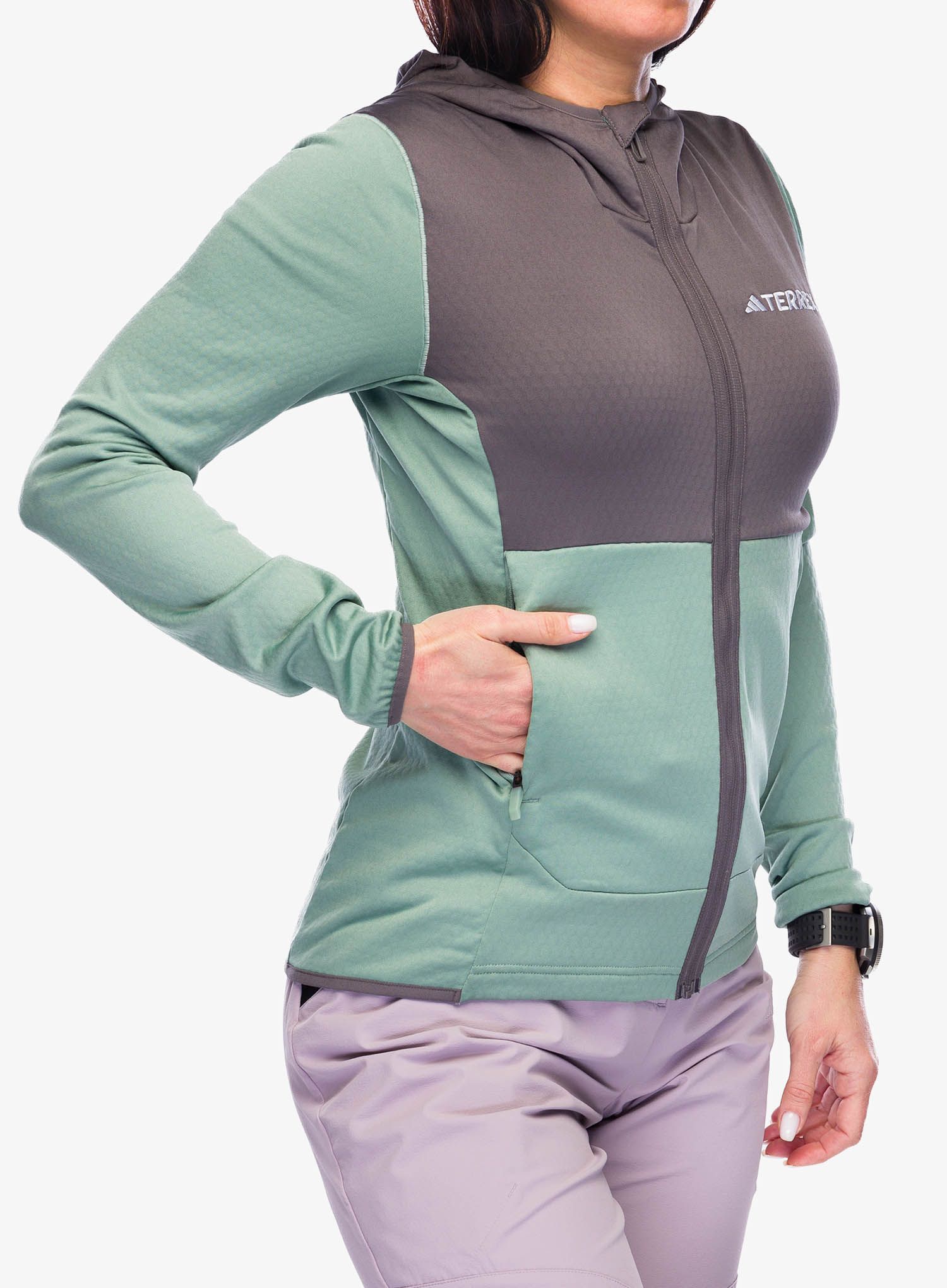 Ženska jopica adidas TERREX Xperior Light Fleece Hooded Jacket - silver green/charcoal